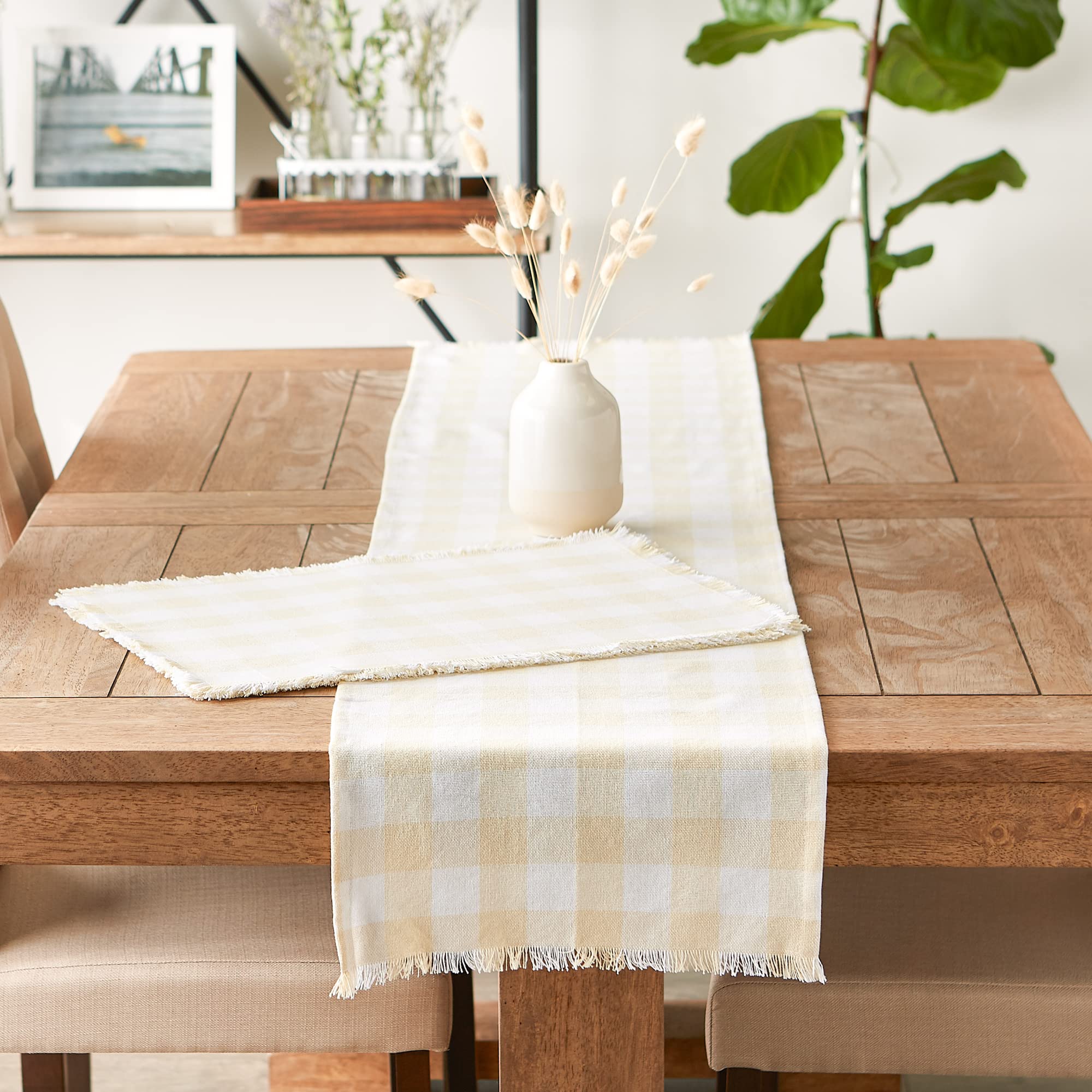 DII Heavyweight Fringed Check Tabletop Collection  Table Runner  14x72  Natural