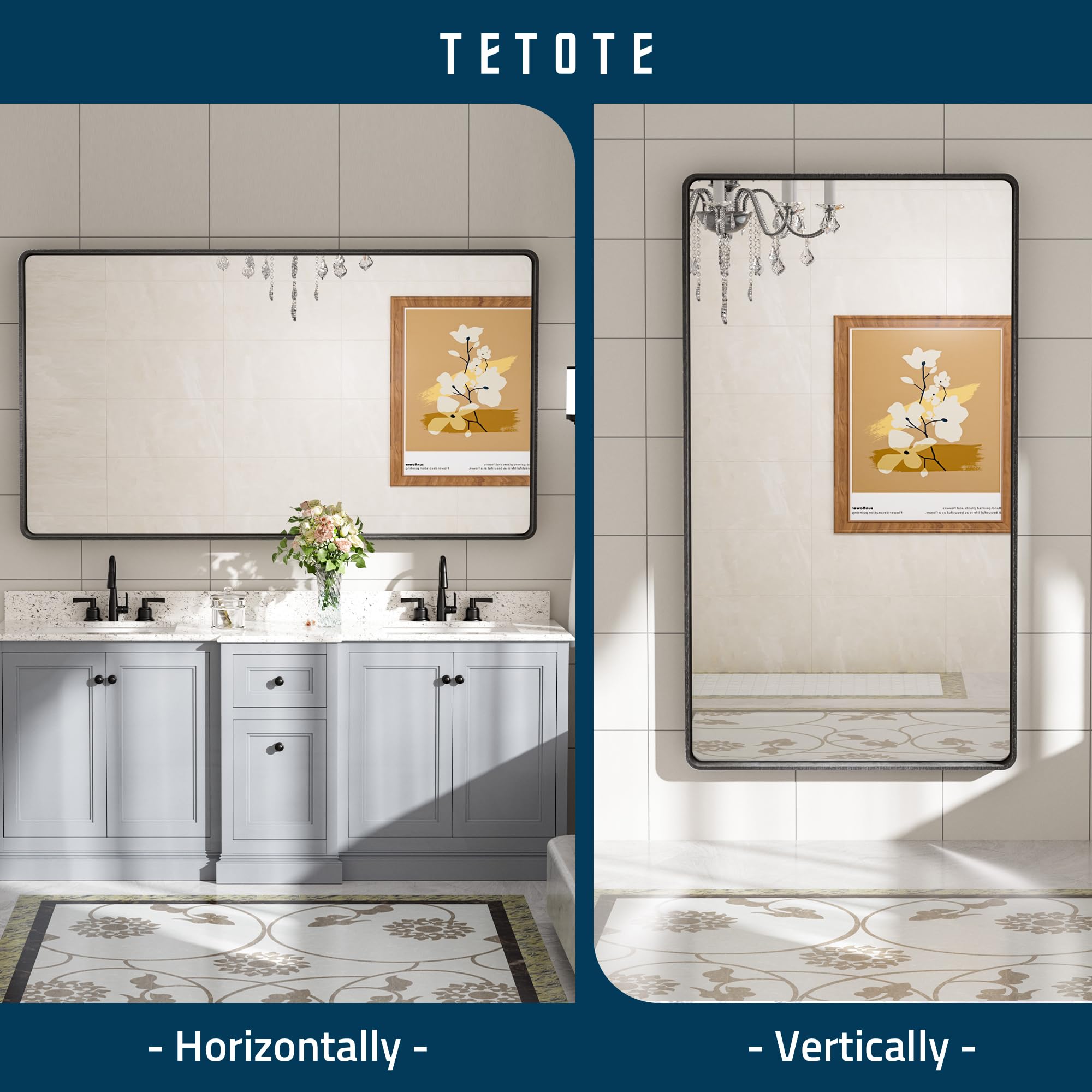 Tetote 55 X 30 Inch Bathroom Mirror, Matte Black Modern Metal Frame Rectangle Modern Farmhouse Wall Mounted Vanity Mirror (Horiz