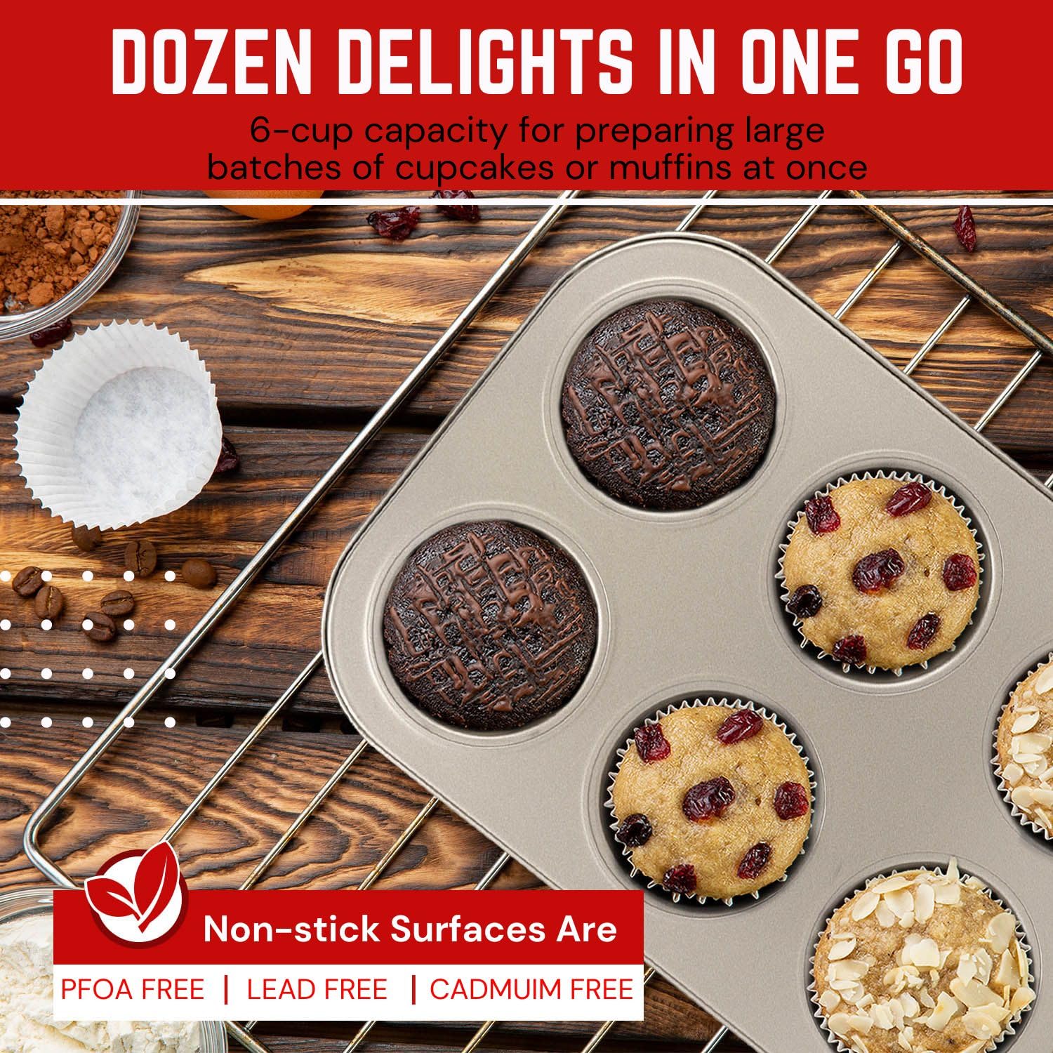 Flexzion Muffin Tray Cupcake Baking Pan 2 Pack, 6-Cup Nonstick Carbon Steel Muffin Tins Non-Stick Cupcake Tin Bakeware Accessori