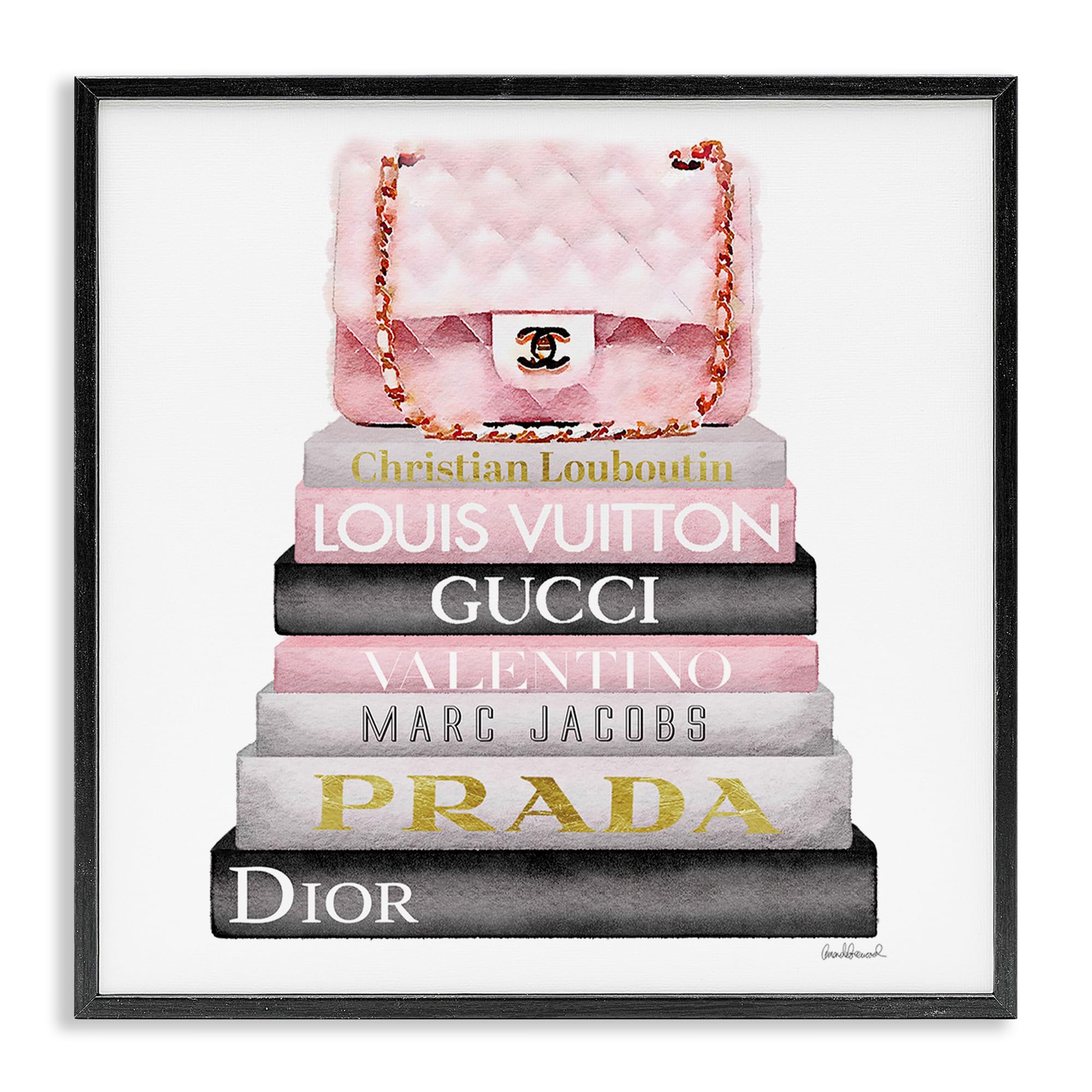 Stupell Industries Watercolor High Fashion Bookstack Padded Pink Bag, Design By Amanda Greenwood, Black Framed Wall Art, 17 x 17