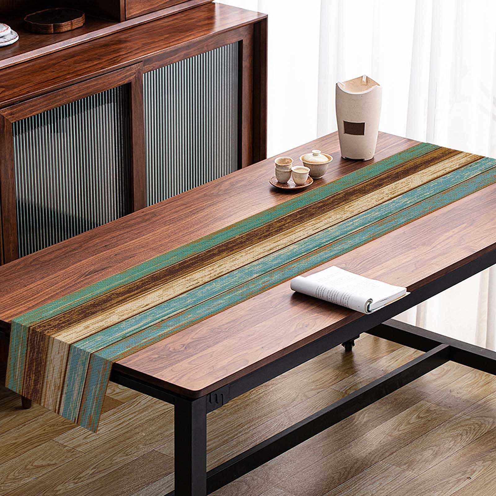 Mcalk Farmhouse Table Runner And Placemats Set Of 6 Pieces, Teal And Brown Placemats Wooden Texture,Rectangle Cloth Place Mats I