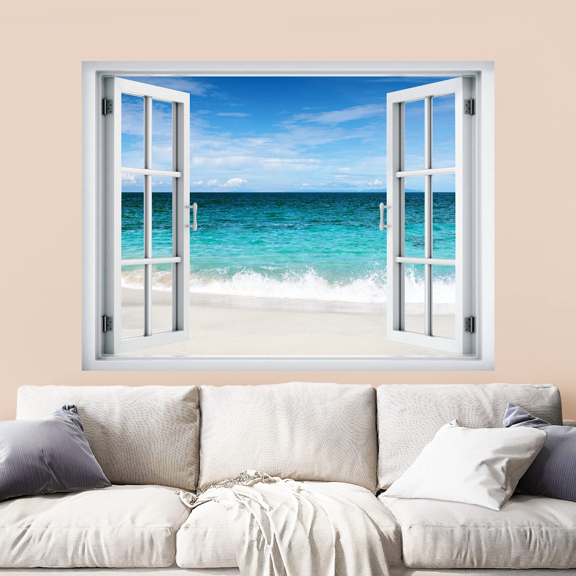 wall26 Removable Wall Sticker/Wall Mural Window View Tropical Teal Ocean Sea Beach Shore Paradise Nature Wilderness Photography Realism Landscape for Living Room  Bedroom  Office - 36''x48''