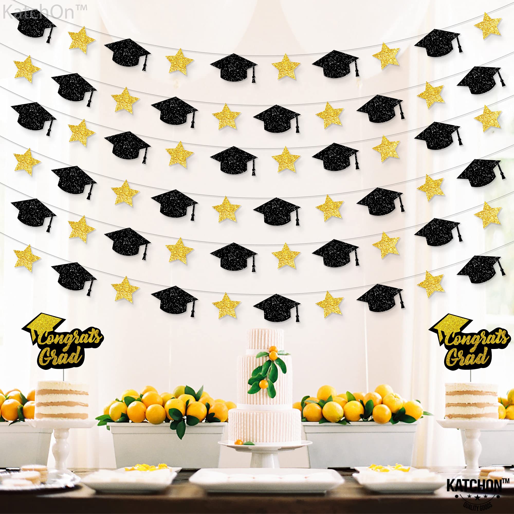 Katchon, Graduation Cap Garland - 10 Feet, No Diy | Graduation Garland Class Of 2024, Black And Gold Graduation Party Decoration