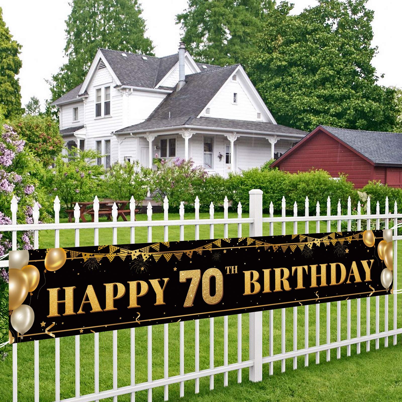 Large Happy 70Th Birthday Decoration Banner, Black And Gold Happy 70Th Birthday Banner Sign, 70Th Birthday Party Decorations Sup