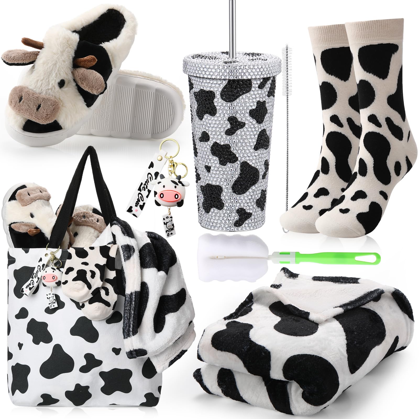 FillTouch Mother Cow Gifts for Women Cow Stuff Stainless Tumbler with Lid Blanket Socks Slippers Tote Bag Keychain Gifts for Tea