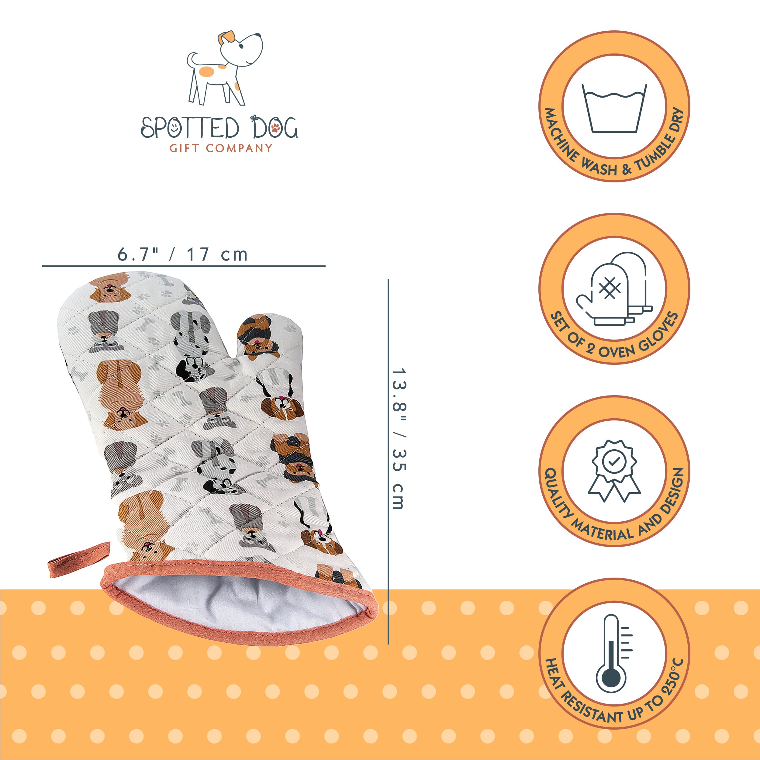 Spotted Dog Gift Company Dog Oven Mitts, Heat Resistant Oven Gloves Set 2 Cute Happy Dogs Themed 100% Cotton Kitchen Accessories