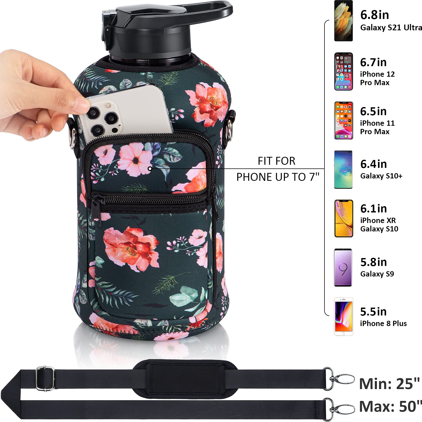 Fimibuke Half Gallon Water Bottle With Sleeve 64 Oz Water Bottle With Handle & Straw Leakproof Motivational Sport Gym Water Bott