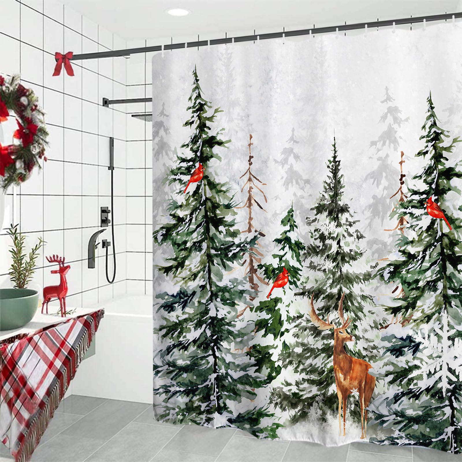 Baccessor Winter Christmas Snowy Forest Shower Curtain Pine Tree Cardinal Deer Snowflake Shower Curtain 72X72 Inch Xmas Holiday