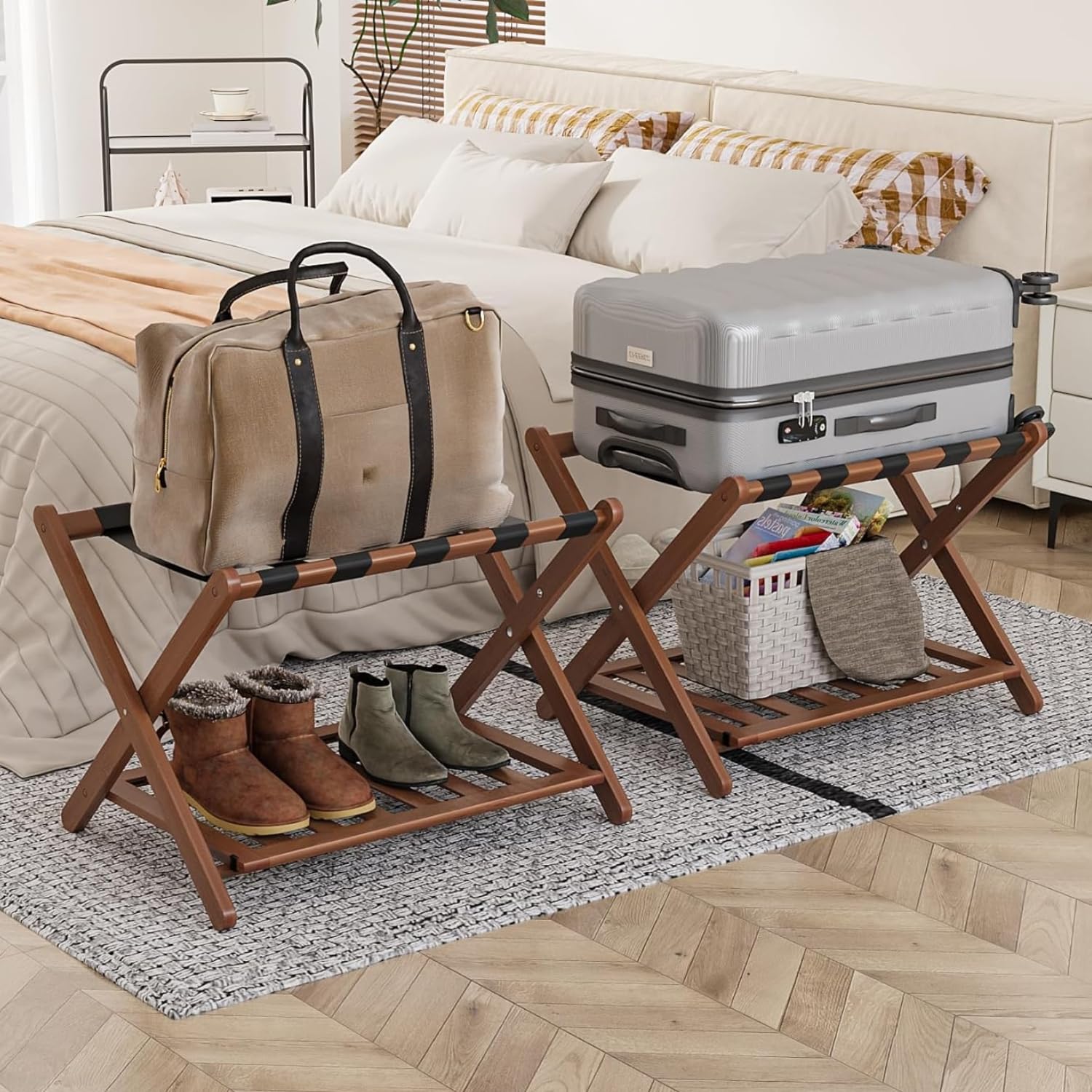 Smart FENDEE Fully Assembled Walnut Luggage Racks Set of 2, Foldable Suitcase Stand with Storage Shelf, Bamboo Luggage Holders f