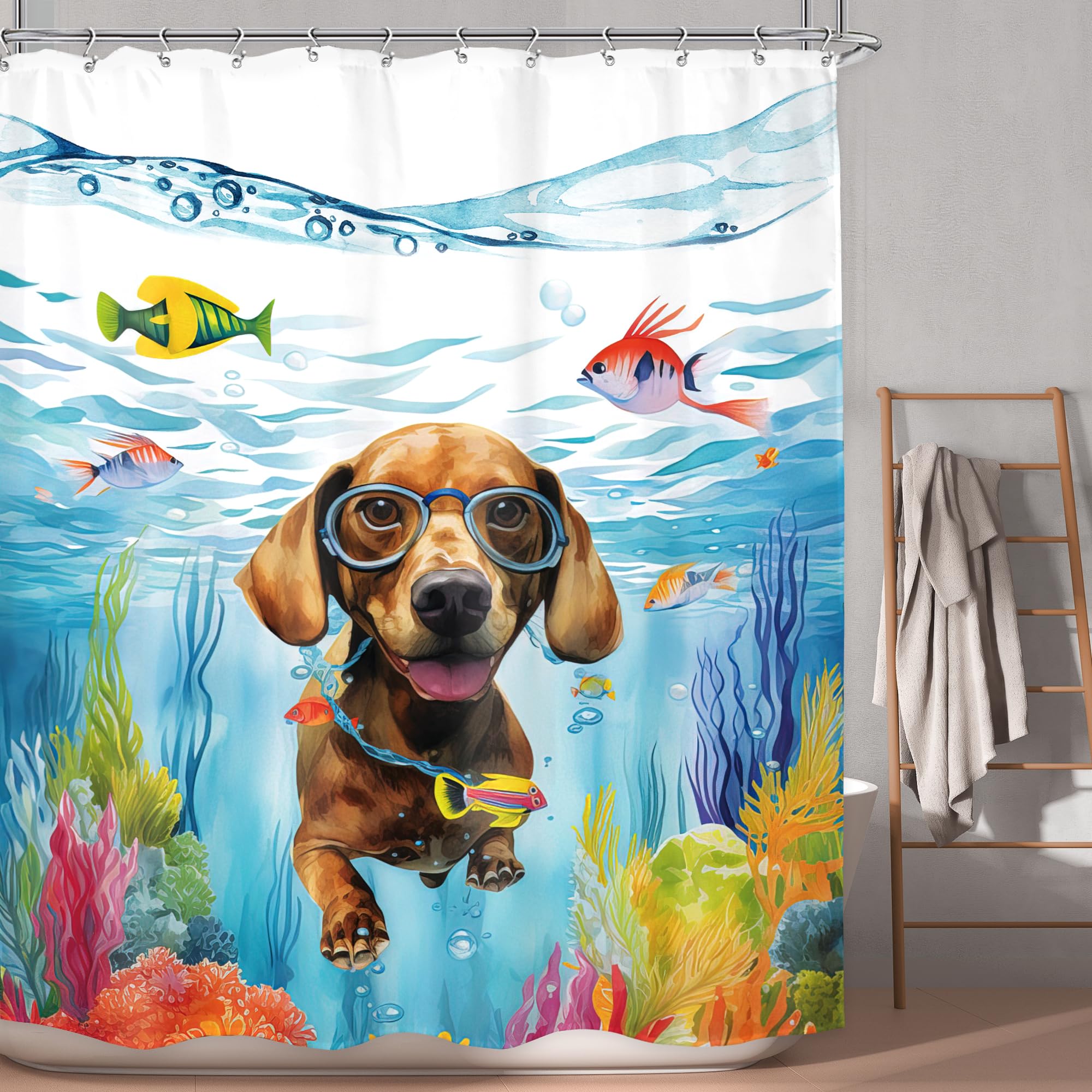 Lghtyro Kids Funny Dog Shower Curtain Bathroom Set 60Wx71H Inches Sea Ocean Hilarious Swimming Cute Animal Underwater Fish Coral