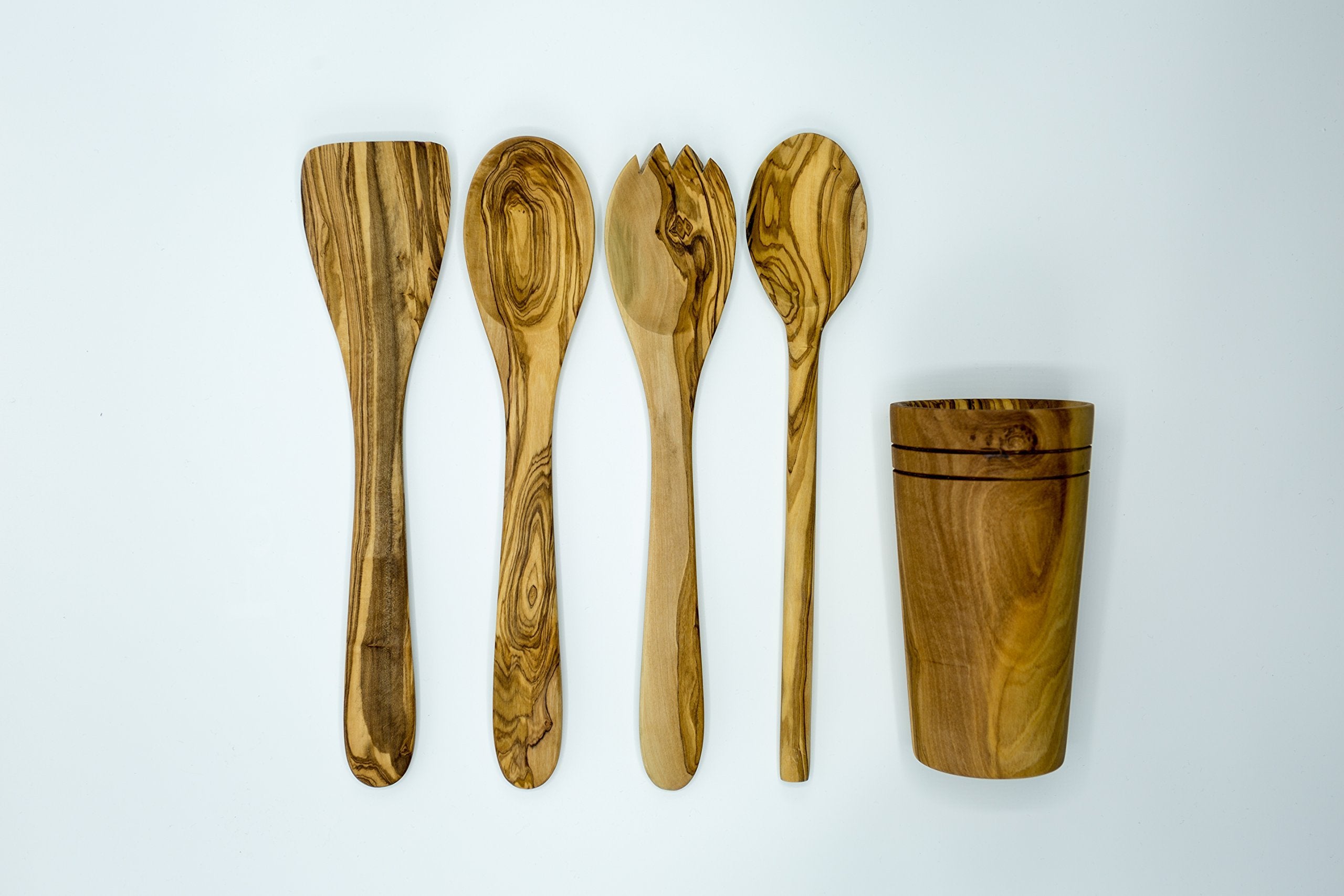 Olive Wood 5-Piece Wooden Cooking Utensil Set - Includes Holder With Spatula, Cooking/Mixing Spoon, Salad Spoon And Fork - Handc