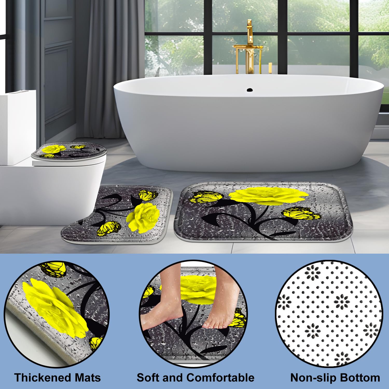 Poedist 4 Pcs Bathroom Set,Yellow Rose Shower Curtain Sets, Romantic Shower Curtain Sets With Rugs(Bath Mat,U Shape And Toilet L