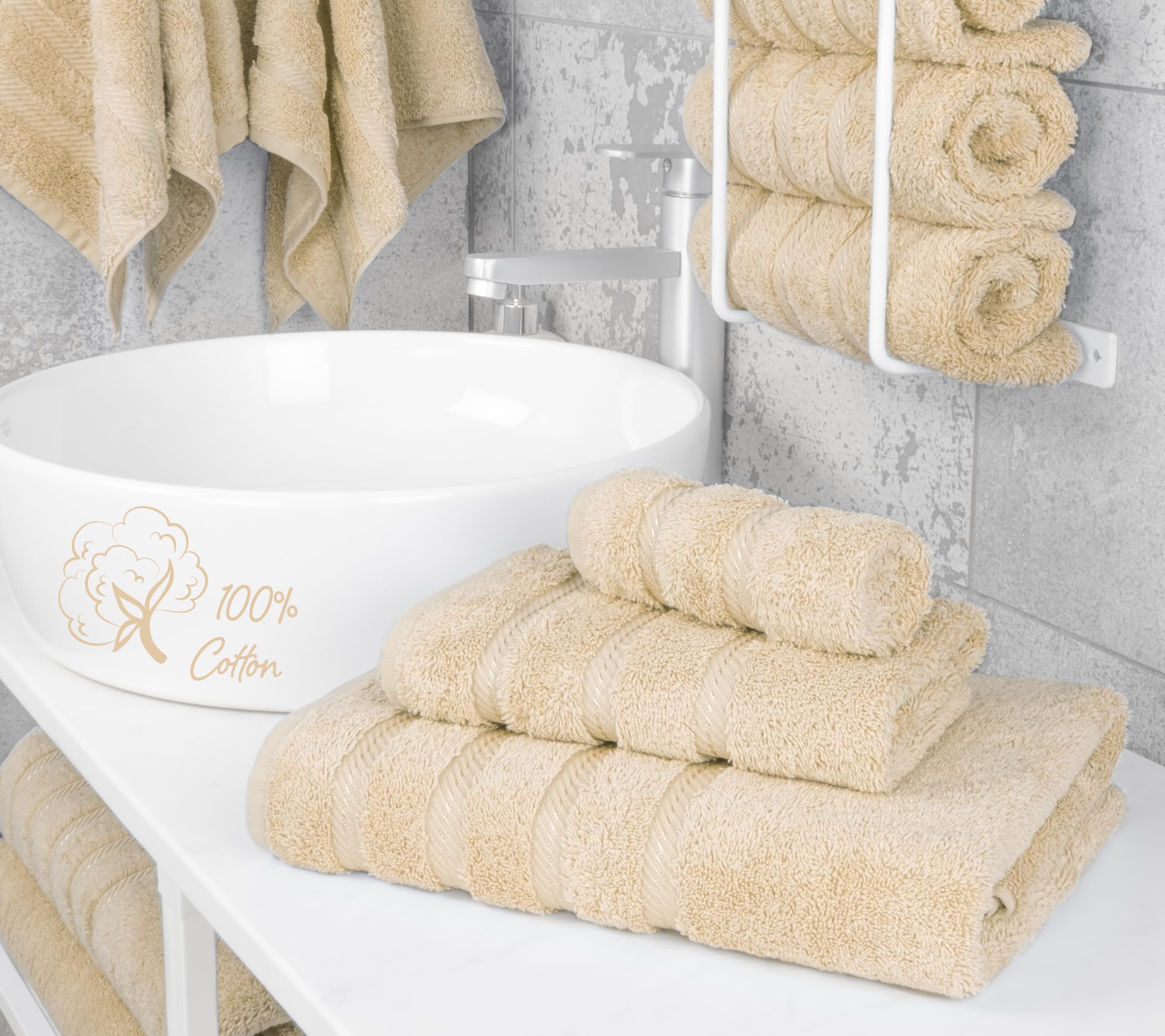 American Soft Linen Luxury 3 Piece Towel Sets  1 Bath Towel 1 Hand Towel 1 Washcloth  100% Turkish Cotton Towels for Bathroom  Beige Towel Set