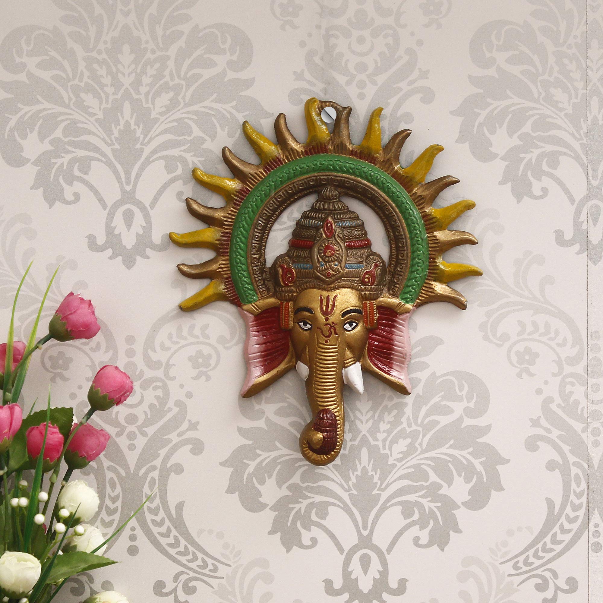 Ecraftindia Colorful Metal Sun Decorative Ganesha Wall Hanging- Lord Ganesha Statue Wall Art- Decorative Showpiece For Wall Deco