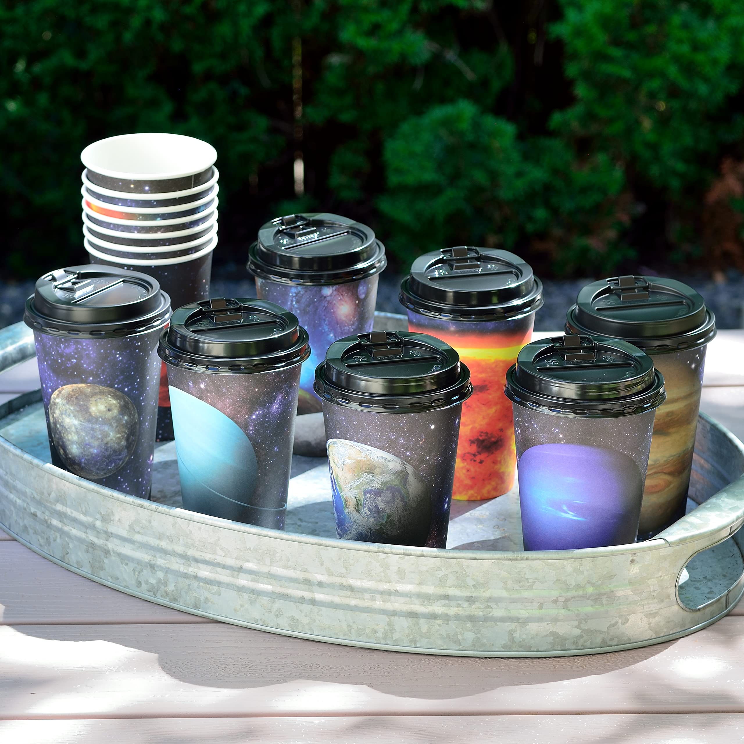 Youngever 72 Sets Disposable Coffee Cups With Lids, To Go Hot Coffee Cups, Durable Paper Cups With Lids (Planet Theme Design)