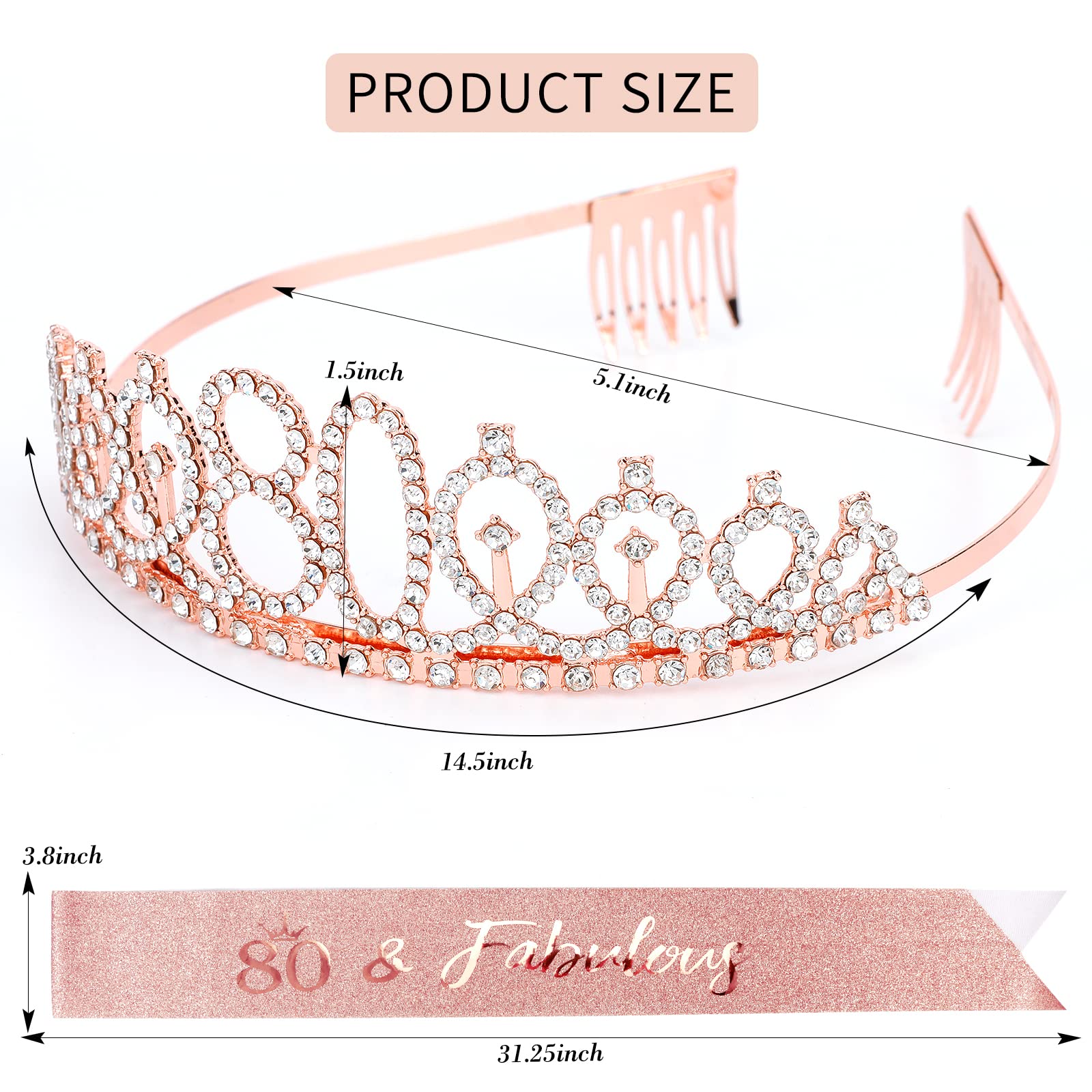 Cieher 80Th Birthday Crown + Sash + Pearl Pin Set, Elegant Gift For Women 'S 80Th Birthday Party Decorations