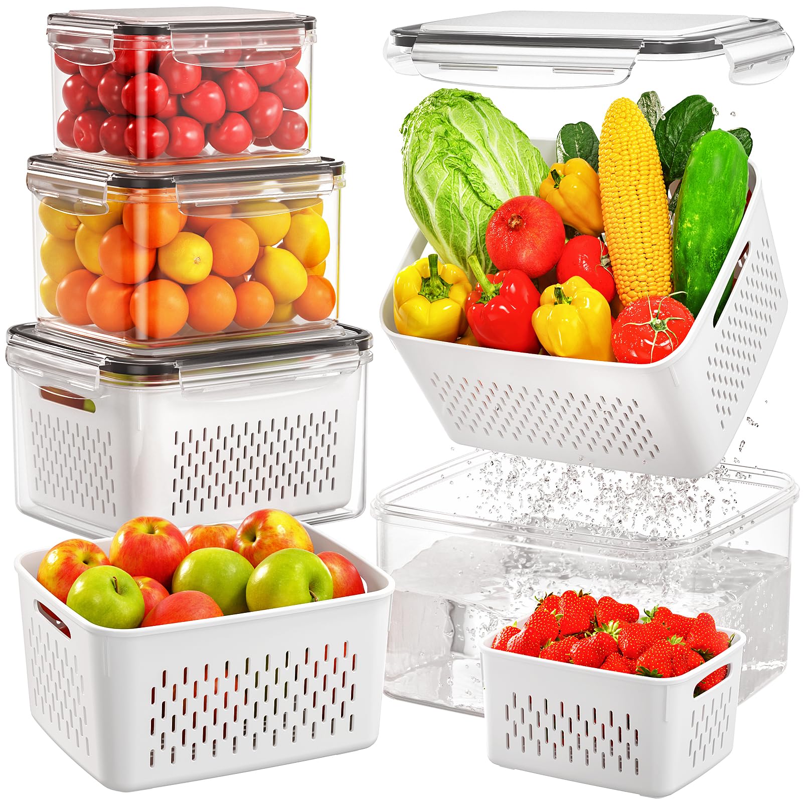 Hometall 5 Pcs Fruit Containers For Fridge - Leakproof Food Storage Containers With Removable Colander, Produce Containers Keep 