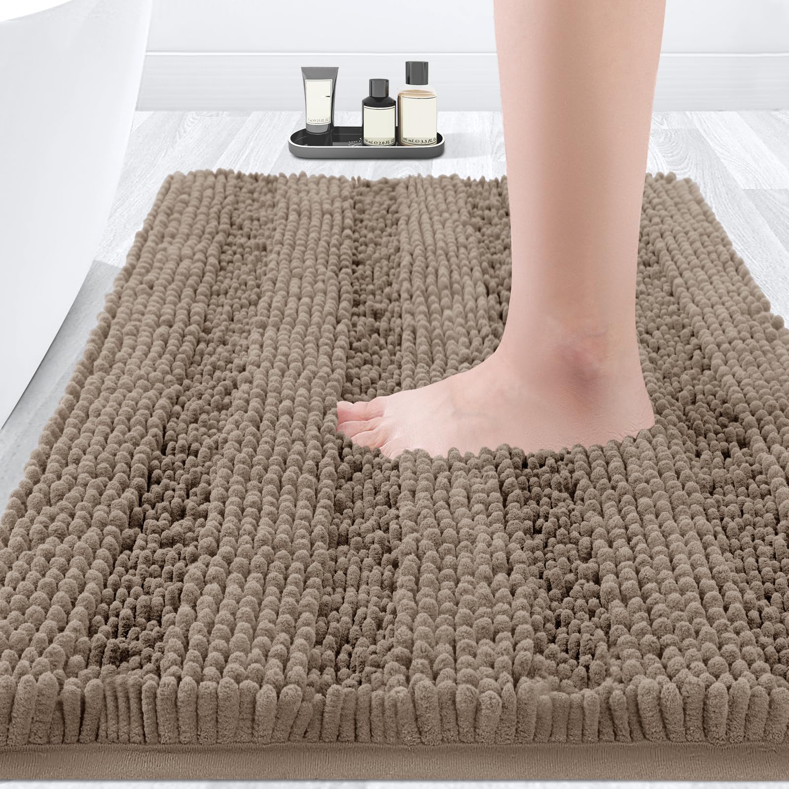 Accumtek Striped Dark Beige Bathroom Rug Mat 24''X17'' Ultra Soft, Non Slip Chenille Bath Rugs, Absorbent Plush Shaggy Bath Mats