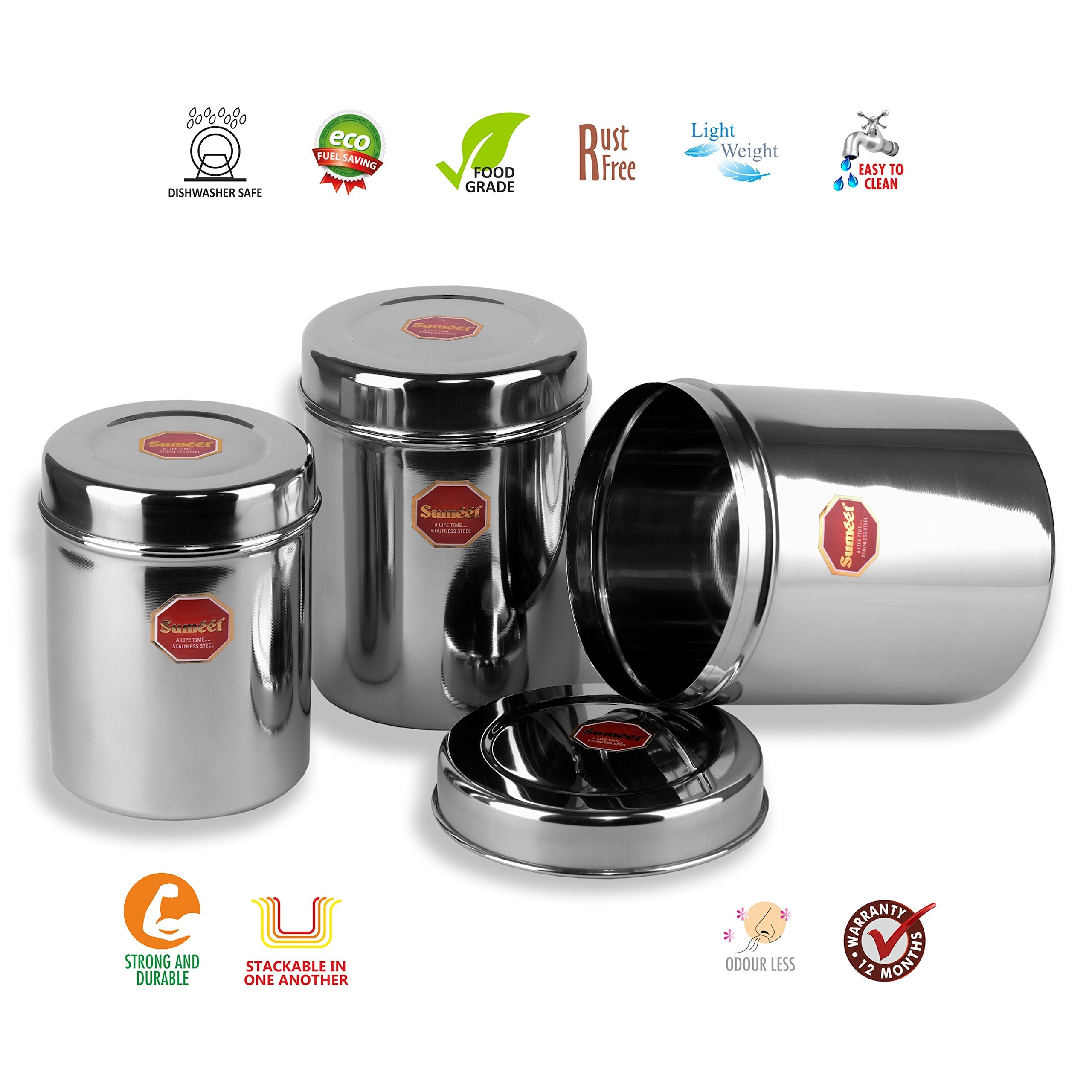 Sumeet Stainless Steel Vertical Canisters/Ubha Dabba/Storage Containers Set Of 3Pcs (No. 10 To No. 12) (900Ml, 1.250 Ltr, 1.6 Lt