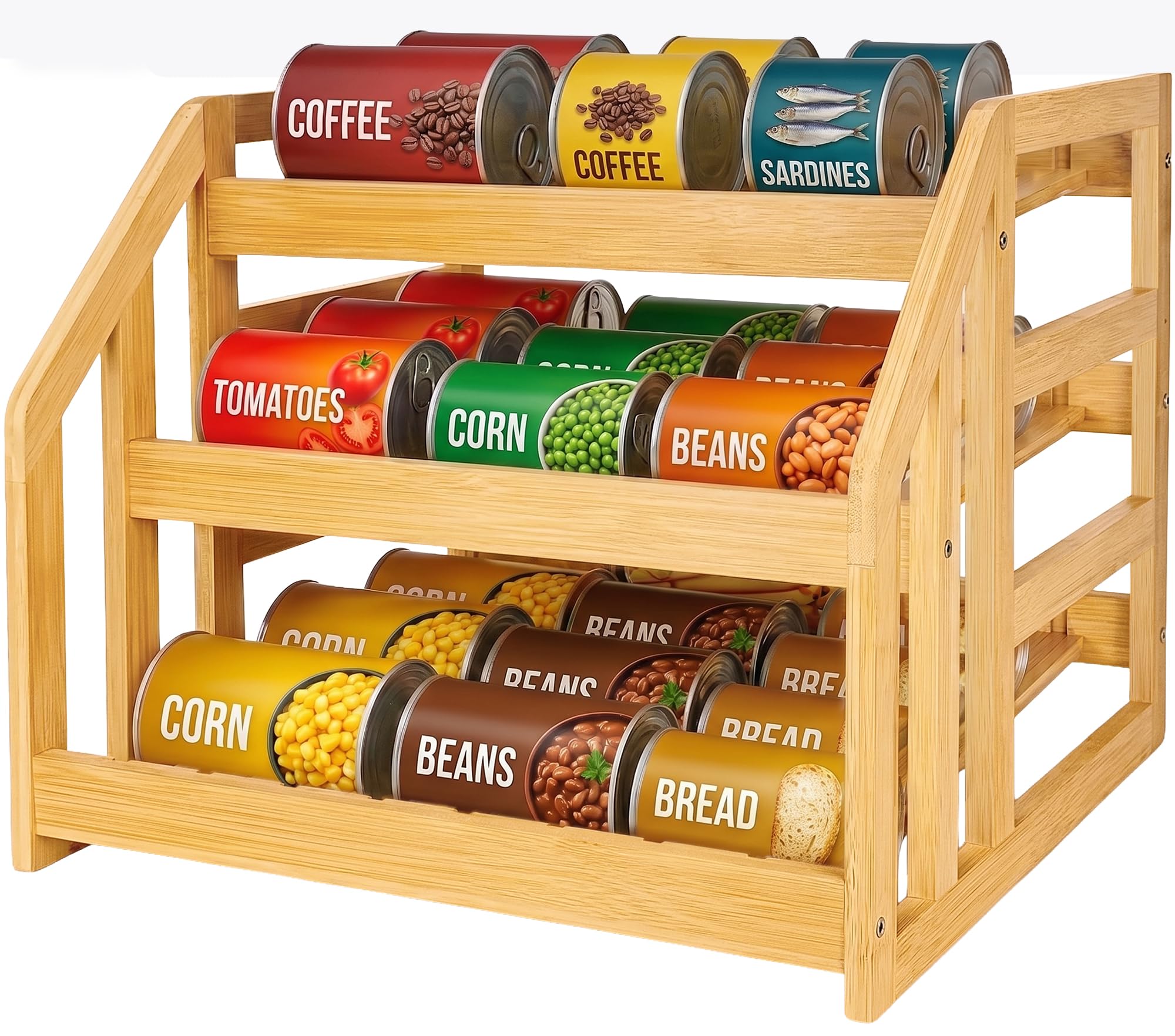 Bamboo Can Organizer for Pantry Cabinet, 3 Tier Tilt Rack Holds 36 Cans
