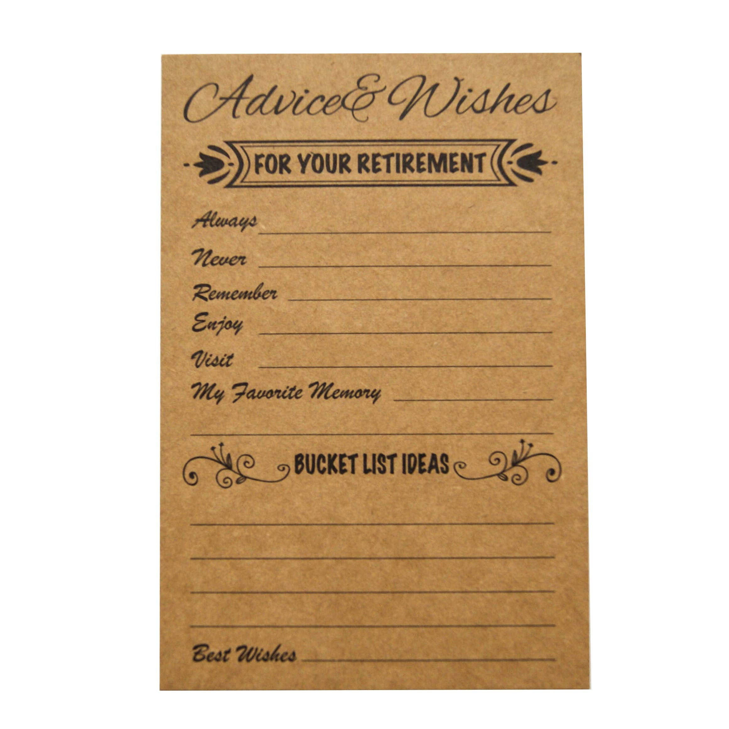RXBC2011 Retirement Well Wish and Advice Cards Pack of 50 Rustic Kraft Retired Ideas Supplies and Decoration Happy Retiree Celeb