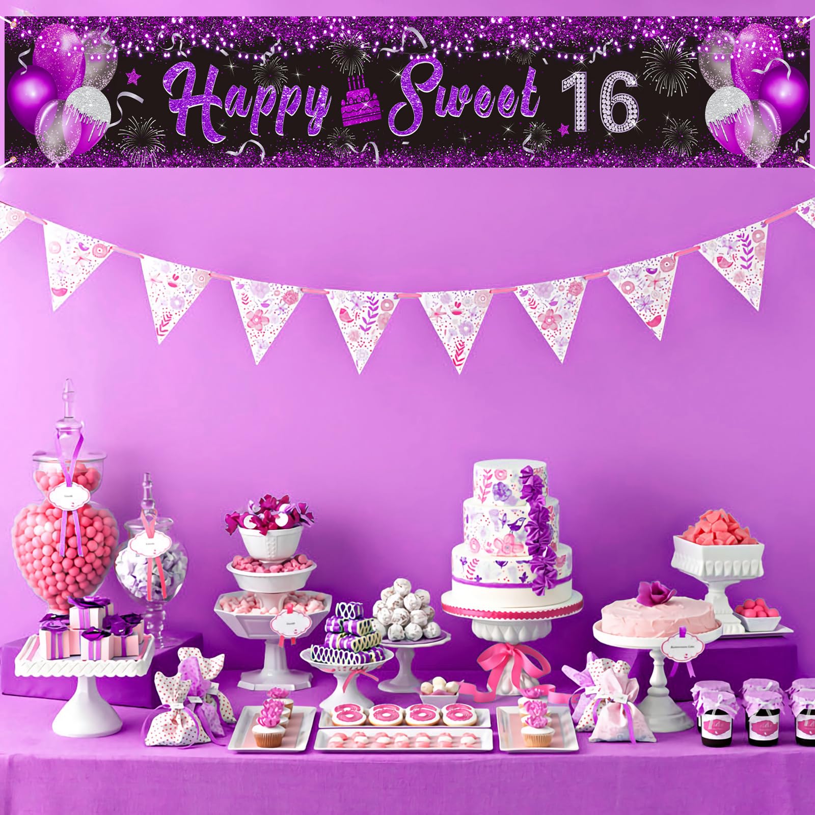 Purple 16Th Birthday Decorations Banner For Girls Happy Sweet 16 Birthday Yard Banner Black Purple And Silver 16Th Birthday Yard