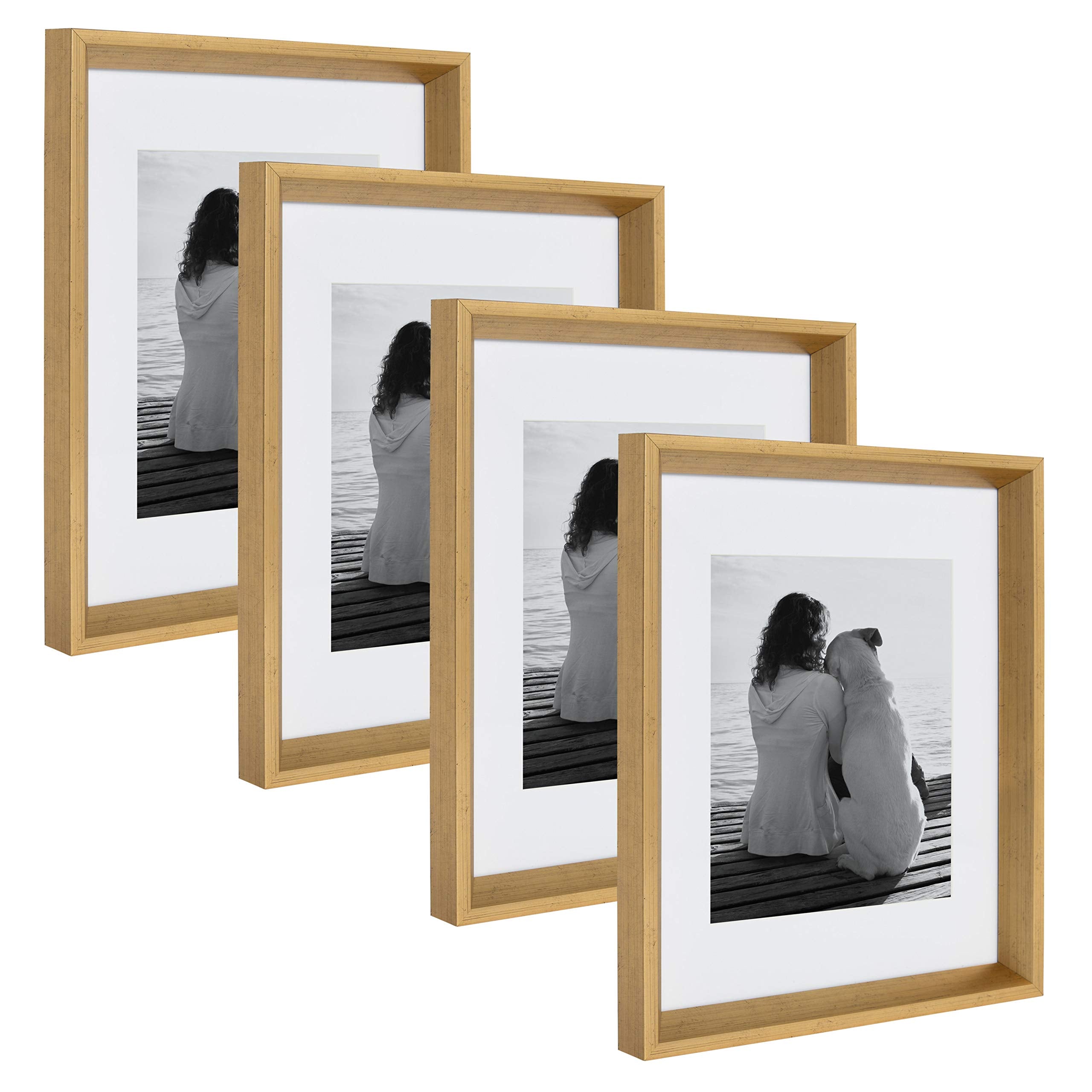 Kate and Laurel Calter Modern Wall Picture Frame Set, Gold 11x14 Matted to 8x10, Pack of 4