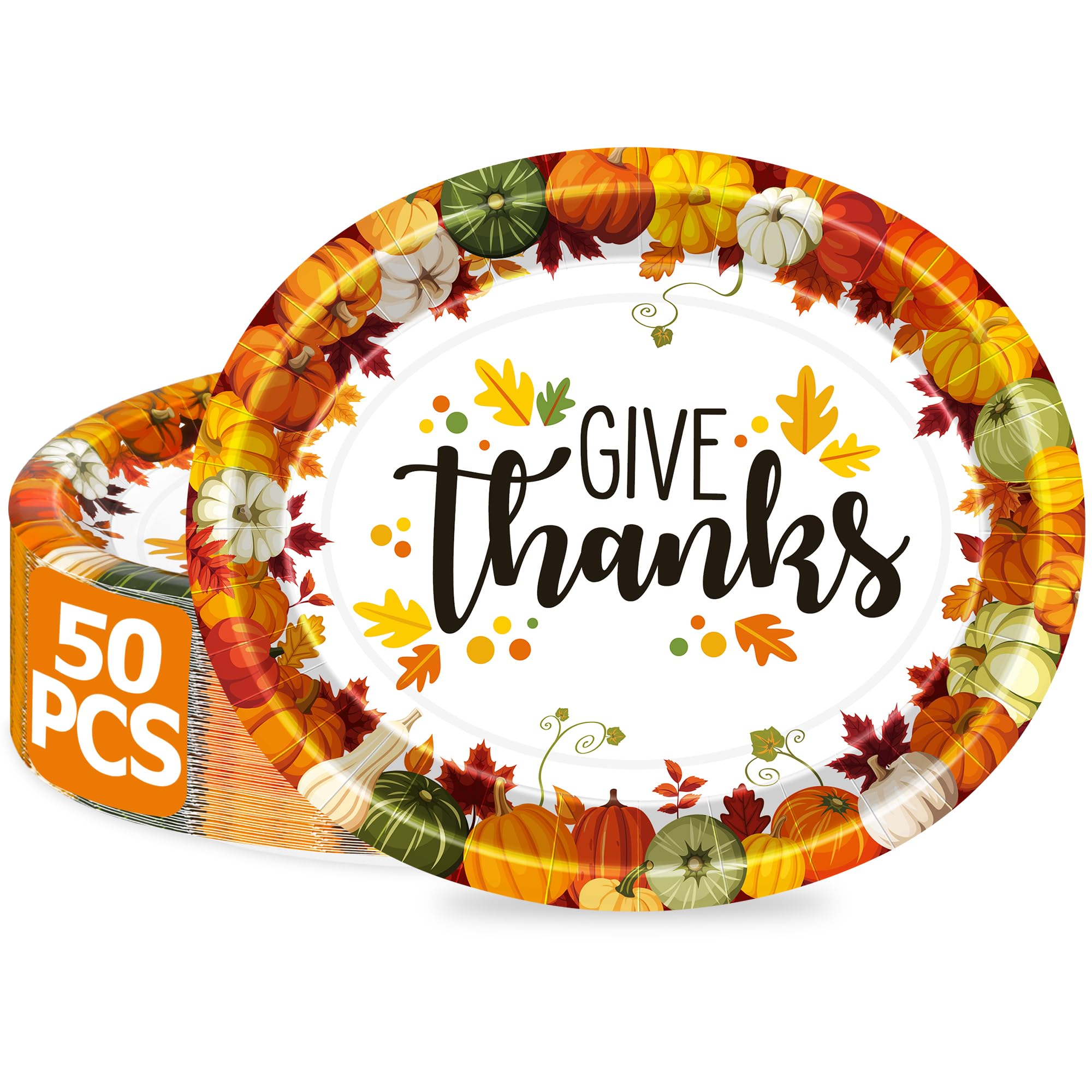QZYL 50 Pcs Thanksgiving Plates, 12.2 x 10.2 Inches Disposable Heavy Duty Paper Plates, Oval Thanksgiving Disposable Plates Autu