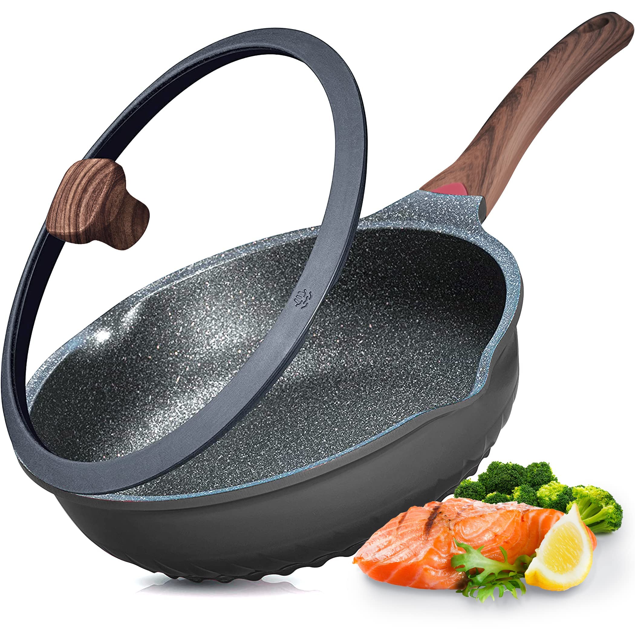 Vinchef Nonstick Deep Frying Pan Skillet With Lid, 11In/5Qt Saute Pan, German 3C+ Ceramic Coating Technology, Heat Indicator, In
