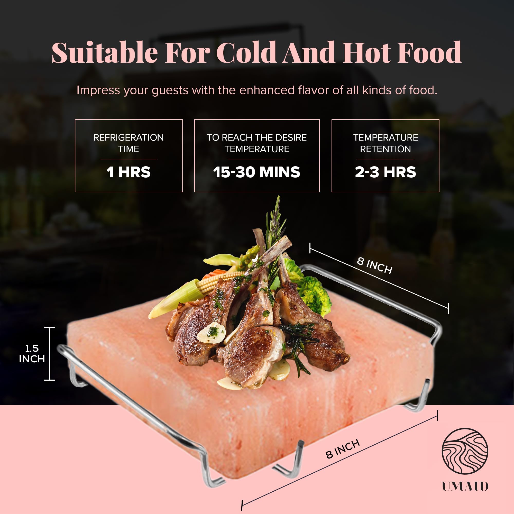 UMAID Himalayan Salt Block For Grilling, Cooking, Cutting and Serving,8X8X1.5 Food Grade Himalayan Pink Salt Stone on Stainless