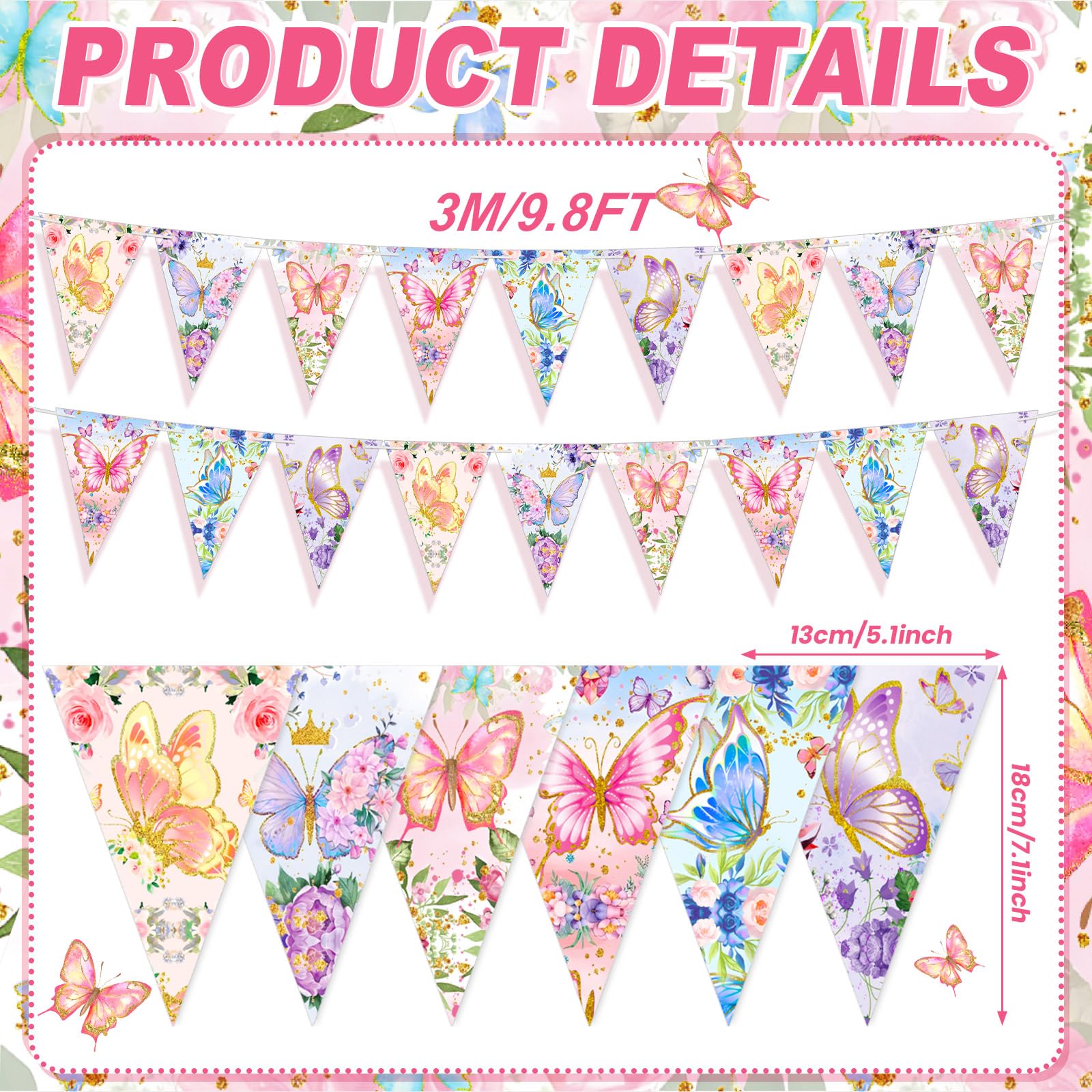 Weekgrat 5 Pieces 49 ft Butterfly Birthday Banner Decorations Butterfly Party Supplies Paper Flower Pennant Triangle for Baby Sh