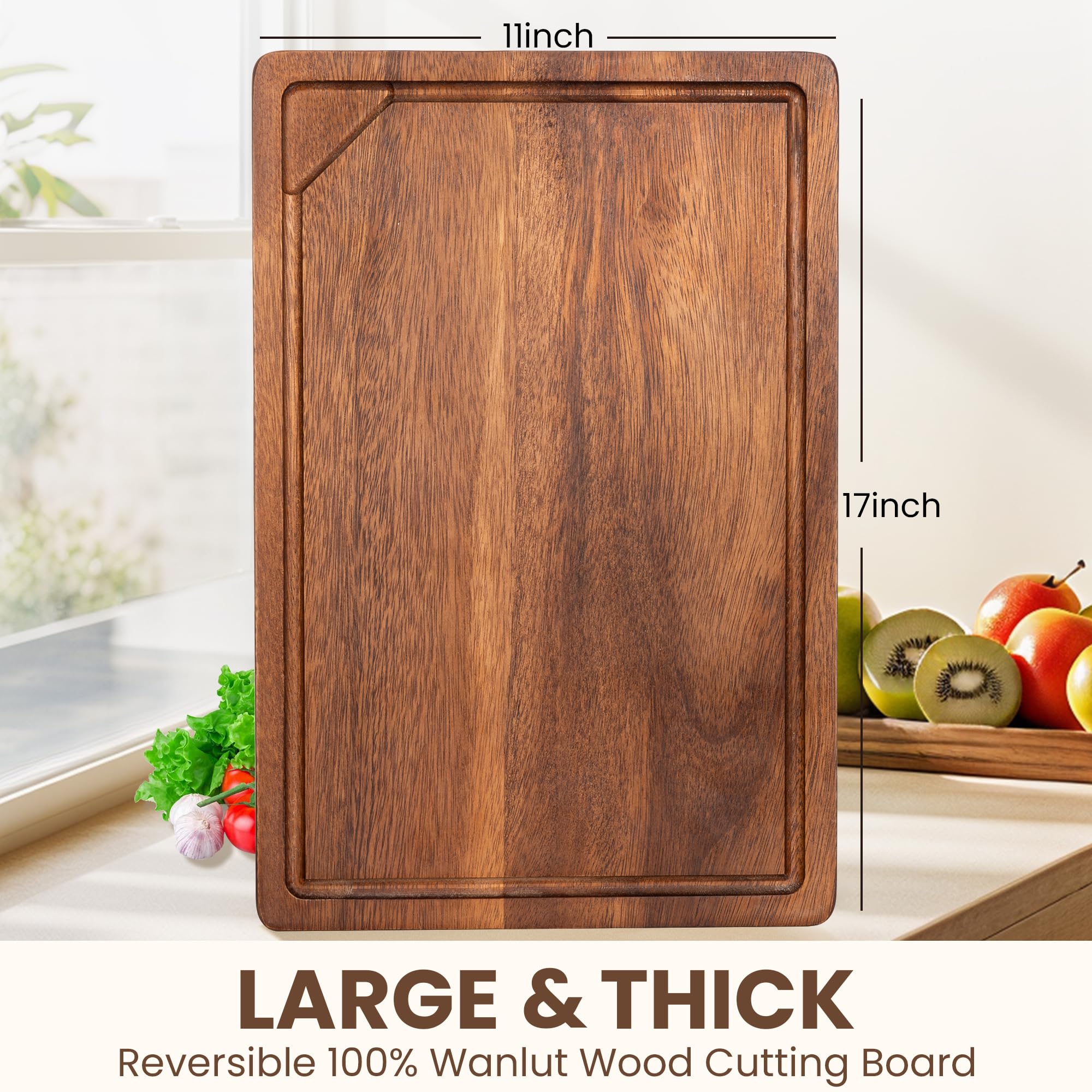 Fun Memories Black Walnut Cutting Board for Kitchen, Reversible Large Butcher Block Cutting Board Carving Board with Juice Groov