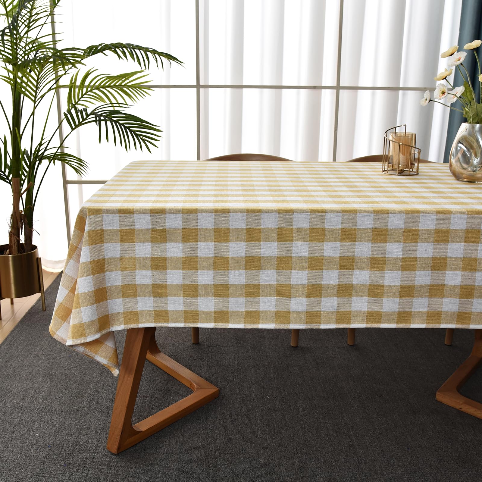 Yofori Gingham Table Cloth for Rectangle Tables Yellow Checkered Plaid Tablecloth Heavy Duty Cotton Blend Washable & Wrinkle Tab