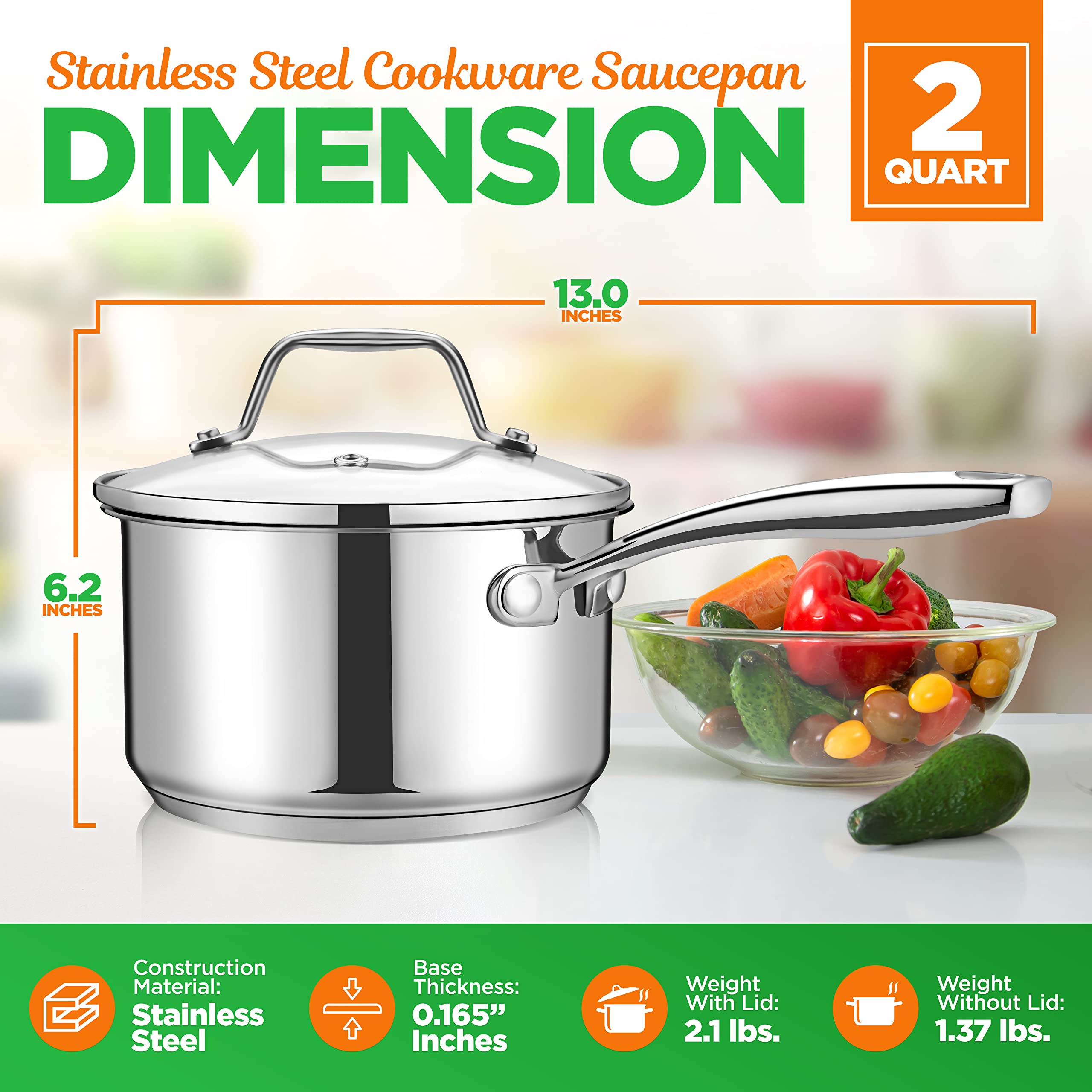 Nutrichef 2 Quart Stainless Steel Pot With Lid - Heavy Duty Saucepan With Ergonomic Handles, For All Cooktops