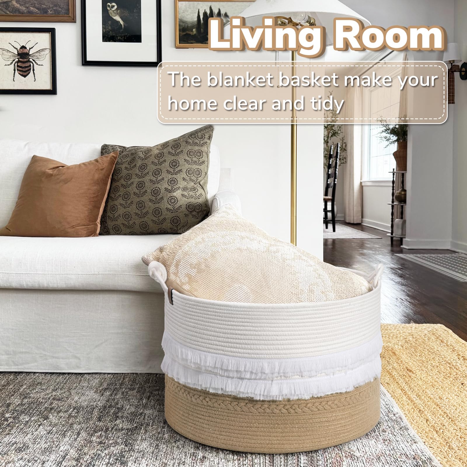 Cherrynow Large Wicker Laundry Basket For Entryway, Bedroom, Jute Decorative Basket For Clothes, Toys, Portable Towel Basket For