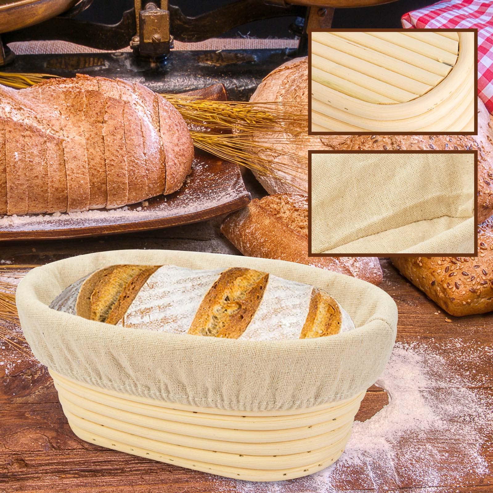 2 Pcs 8 Inch Oval Long Banneton Brotform Bread Dough Proofing Rising Rattan Basket & Liner For Professional & Home Bakers