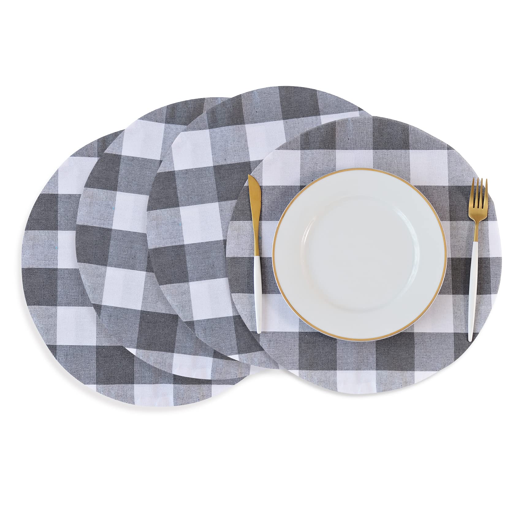 Grey & White Cotton Buffalo Check Round Placemat, Set Of 4, 15 Inch Eco-Friendly Fabric Handcrafted Machine Washable Indoor & Ou
