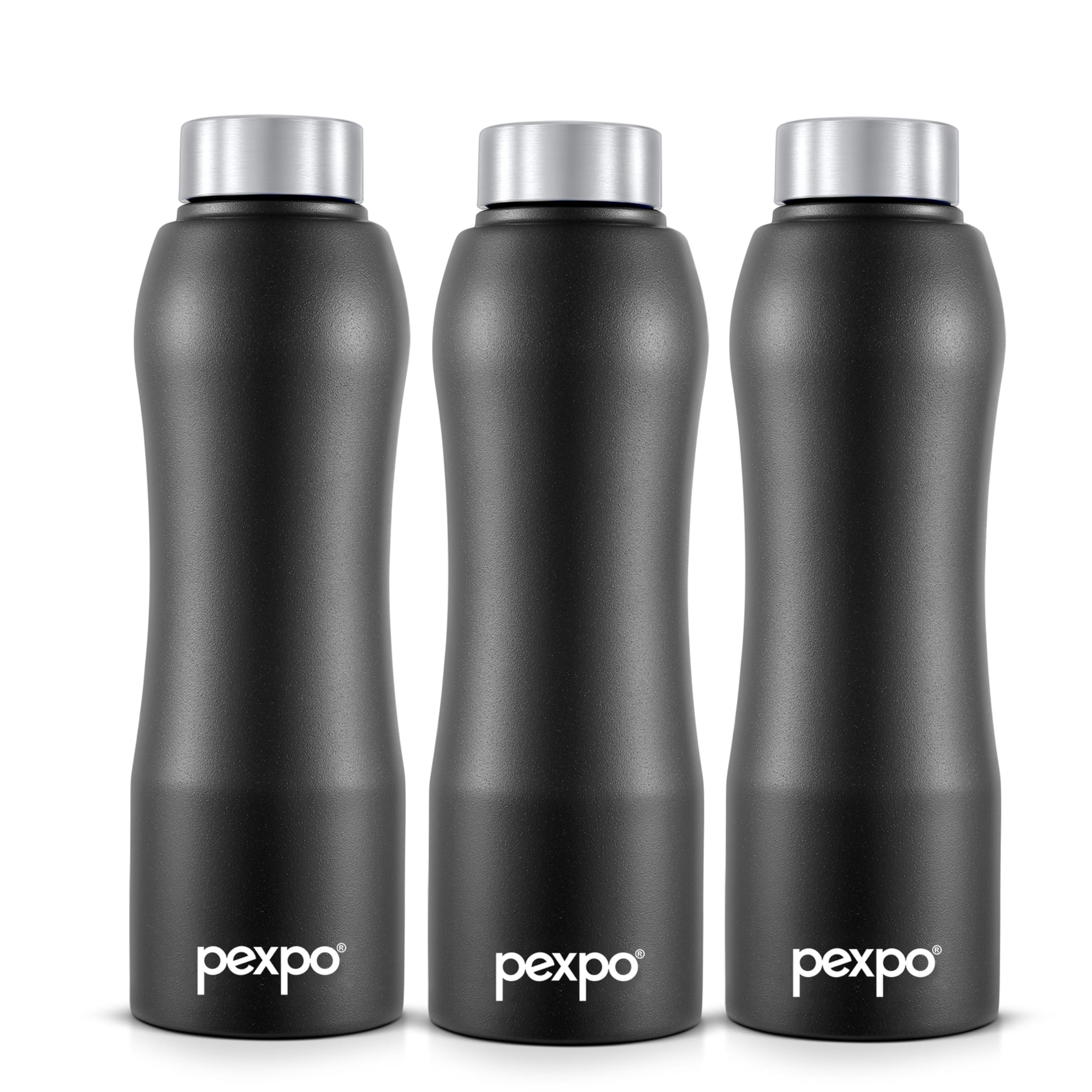 Pexpo Bistro Isi Certified Stainless Steel Fridge/Sports Water Bottle 750Ml, Knight Black, Pack Of 3| Single Walled|Easy Grip|Le