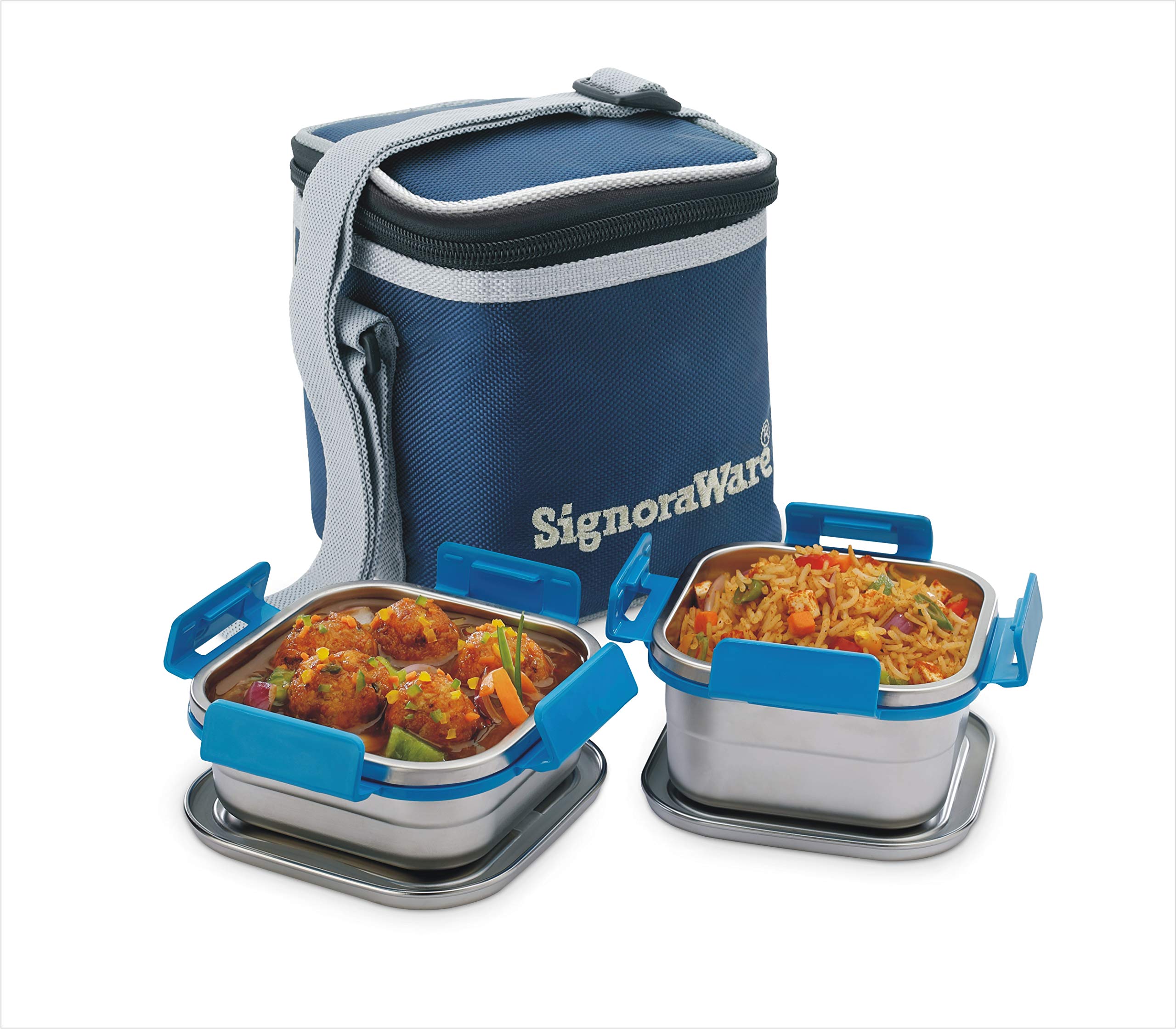 Signora Ware (500Ml+350Ml) Director Squarex Small Stainless Steel Lunch Box With Lock Clip Lids And Bag, Bpa Free Plastic, Airti