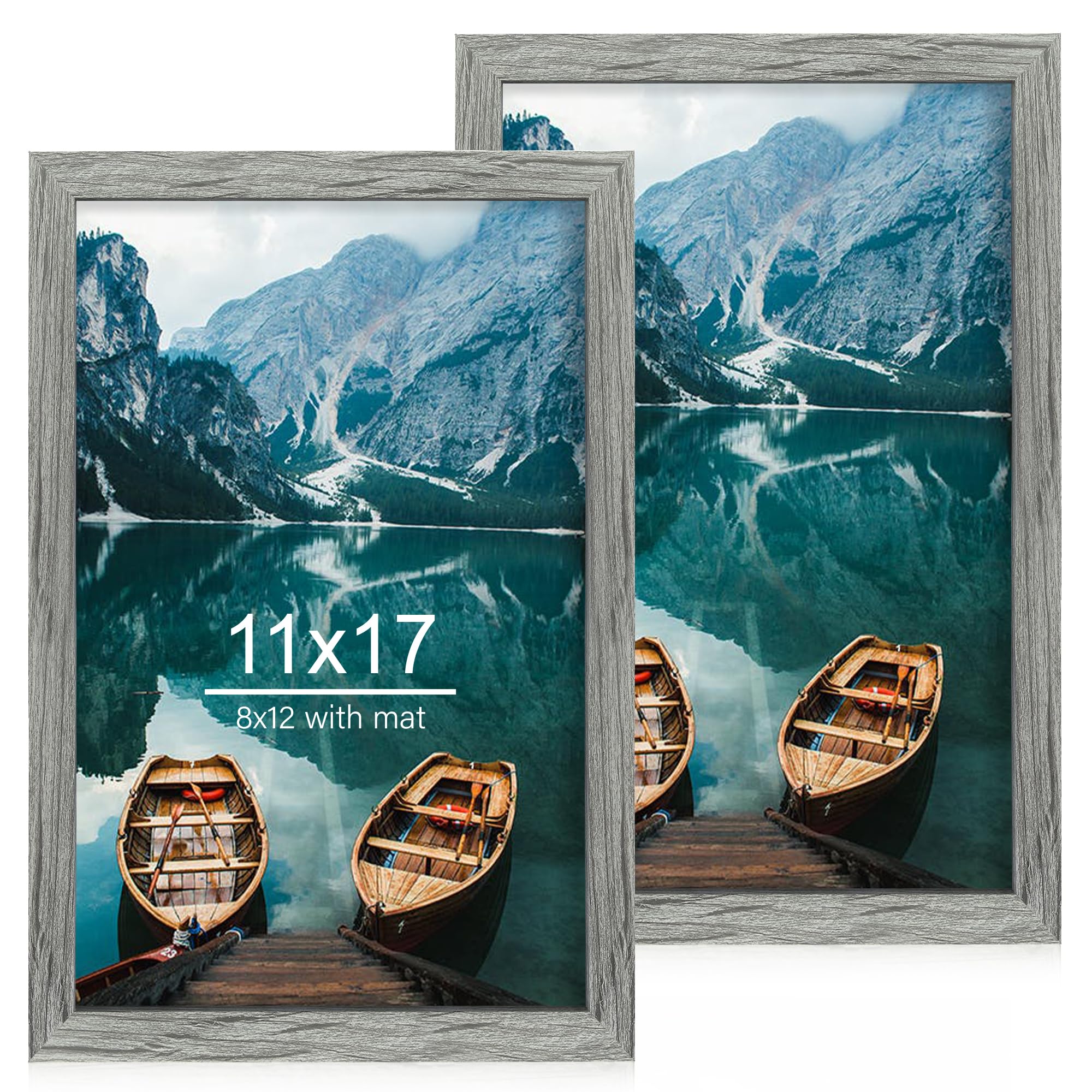 Hongkee 11x17 Frame Set of 2, Rustic Grey Wood Style - Display 11 x 17 Poster without Mat or 8x12 Picture with Mat, Wall Mountin