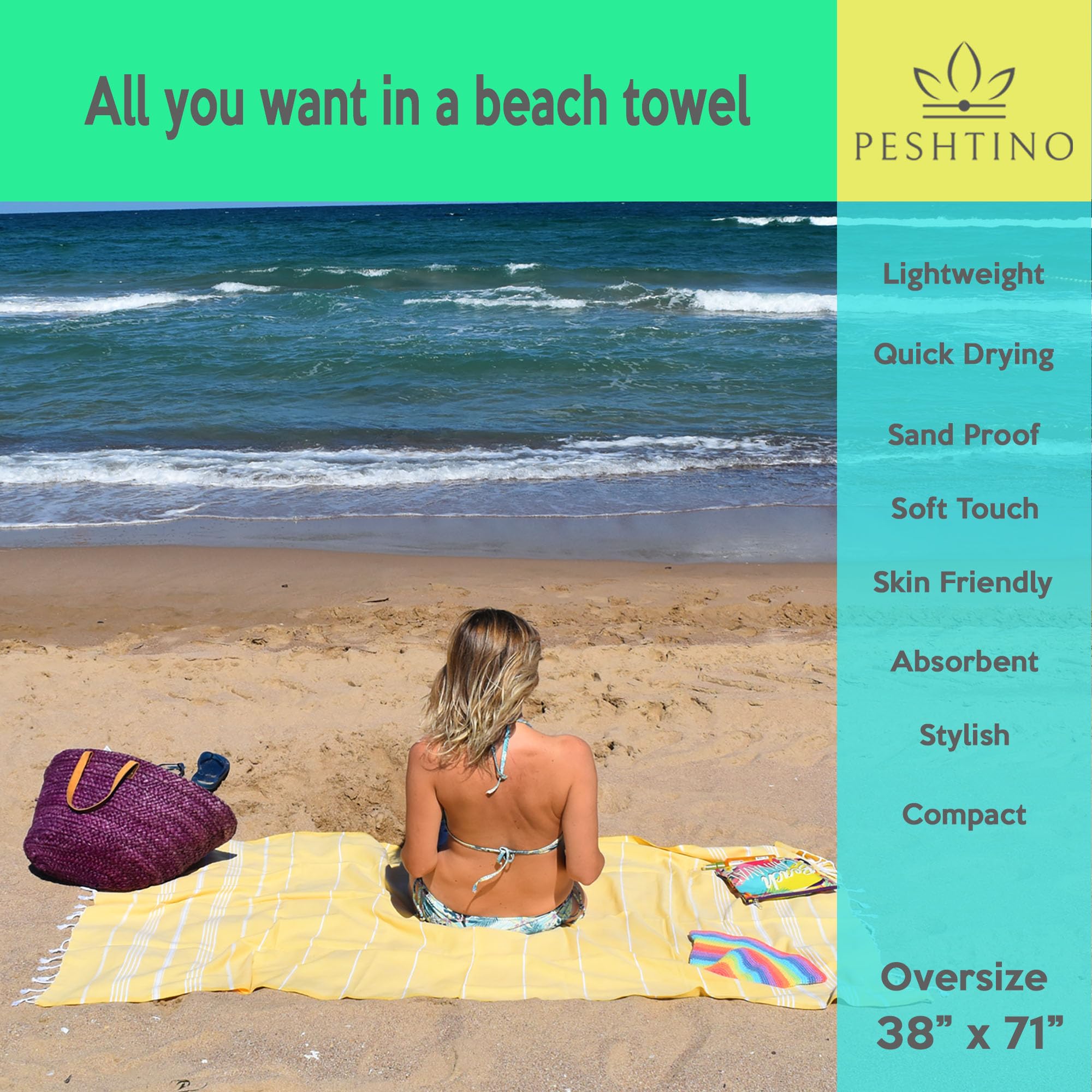 Peshtino Turkish Beach Towel, 100% Cotton, 38X71 Inch, Quick Dry, Thin, Lightweight, Soft, Sand Free, Compact Towels For Beach,