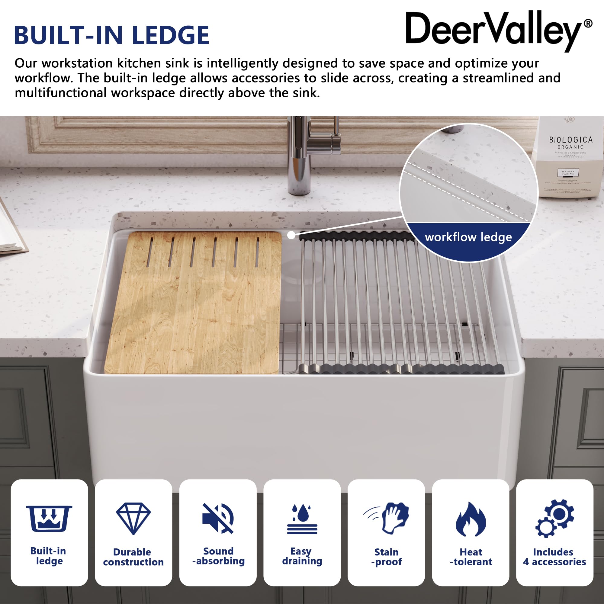 Deervalley 30 Inch Fireclay Farmhouse Kitchen Sink, White Farmhouse Sink, Single Bowl Undermount Kitchen Sink, Front Apron Sink,