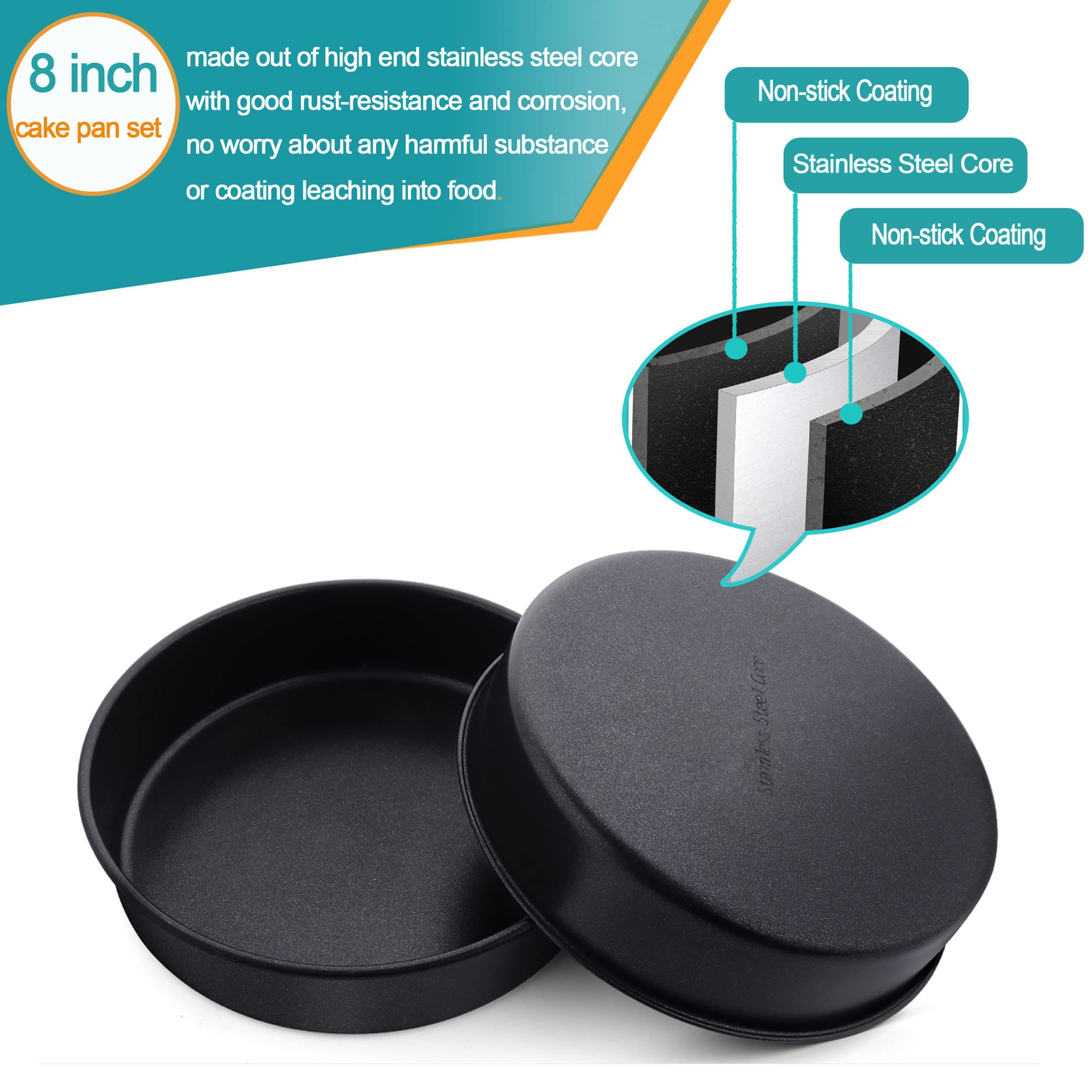 Lianyu 8 X 2 Inch Round Stainless Steel Cake Pan Set Of 3, Black, Nonstick, Dishwasher Safe