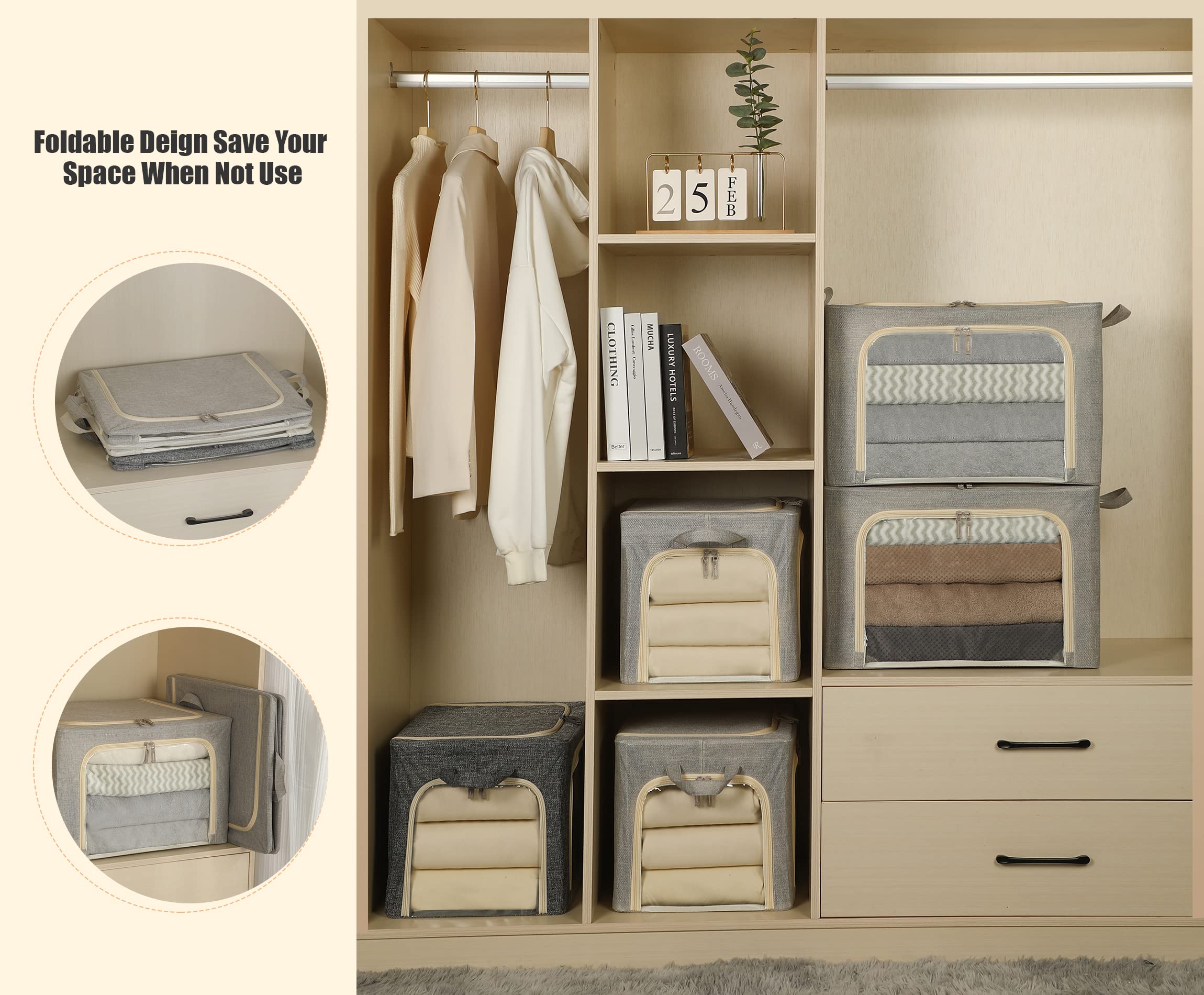 3 Opeings Large Clothes Storage Bins with Metal Frame, Foldable Storage Bin for Clothes, Clothing Storage Bins with Lid, Linen S