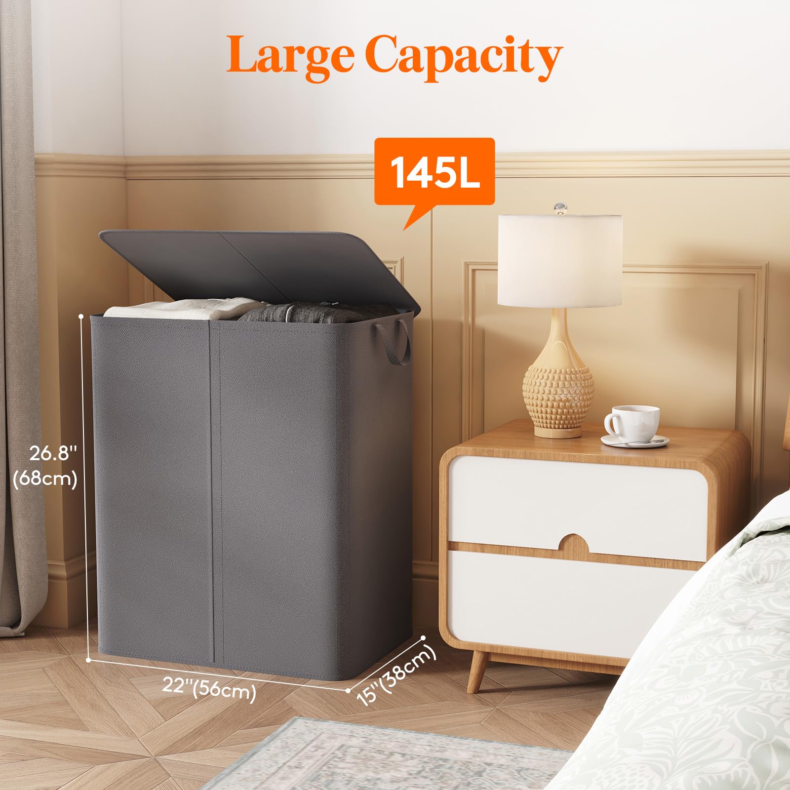 Lifewit 145L Laundry Basket With Lid, Large Double Laundry Hamper 2 Section Dirty Clothes Hamper For Bedroom With 2 Removable La