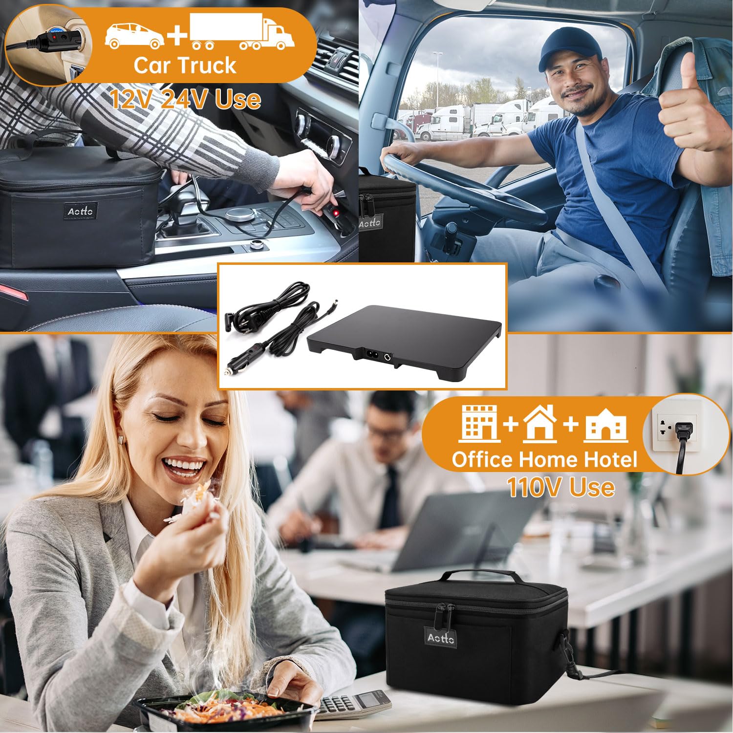 Aotto Portable Oven, Electric Lunch Box Food Heater - 12V/24V/110V 3-In-1 Car Food Warmer - Mini Personal Microwave Heated Lunch