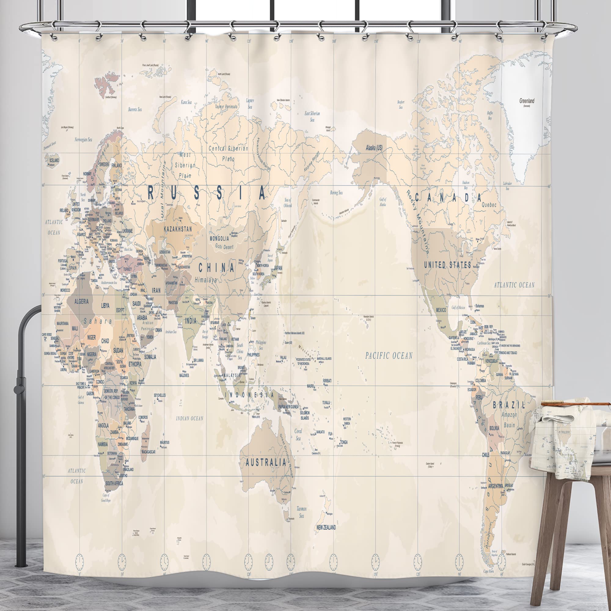 Riyidecor World Map Shower Curtain Travel Educational Vintage Geography Beige Retro Countries Capital The Earth Decor Bathroom F