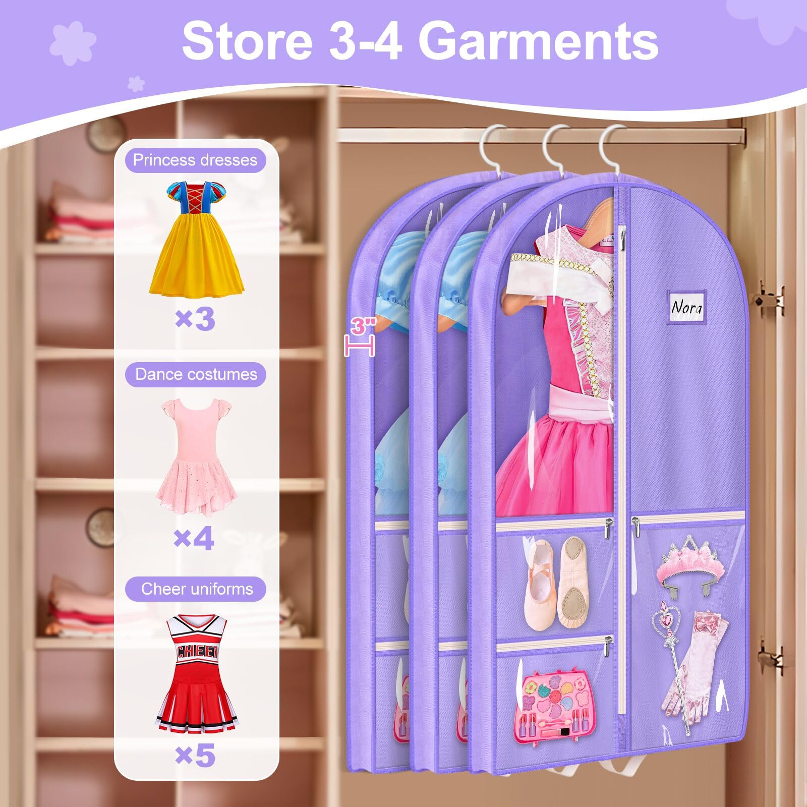 Misslo Dance Garment Bags For Dancers 40'' Garment Bags For Dance Costumes With 3 Pockets Cheer Uniform Garment Bag Hanging Kids