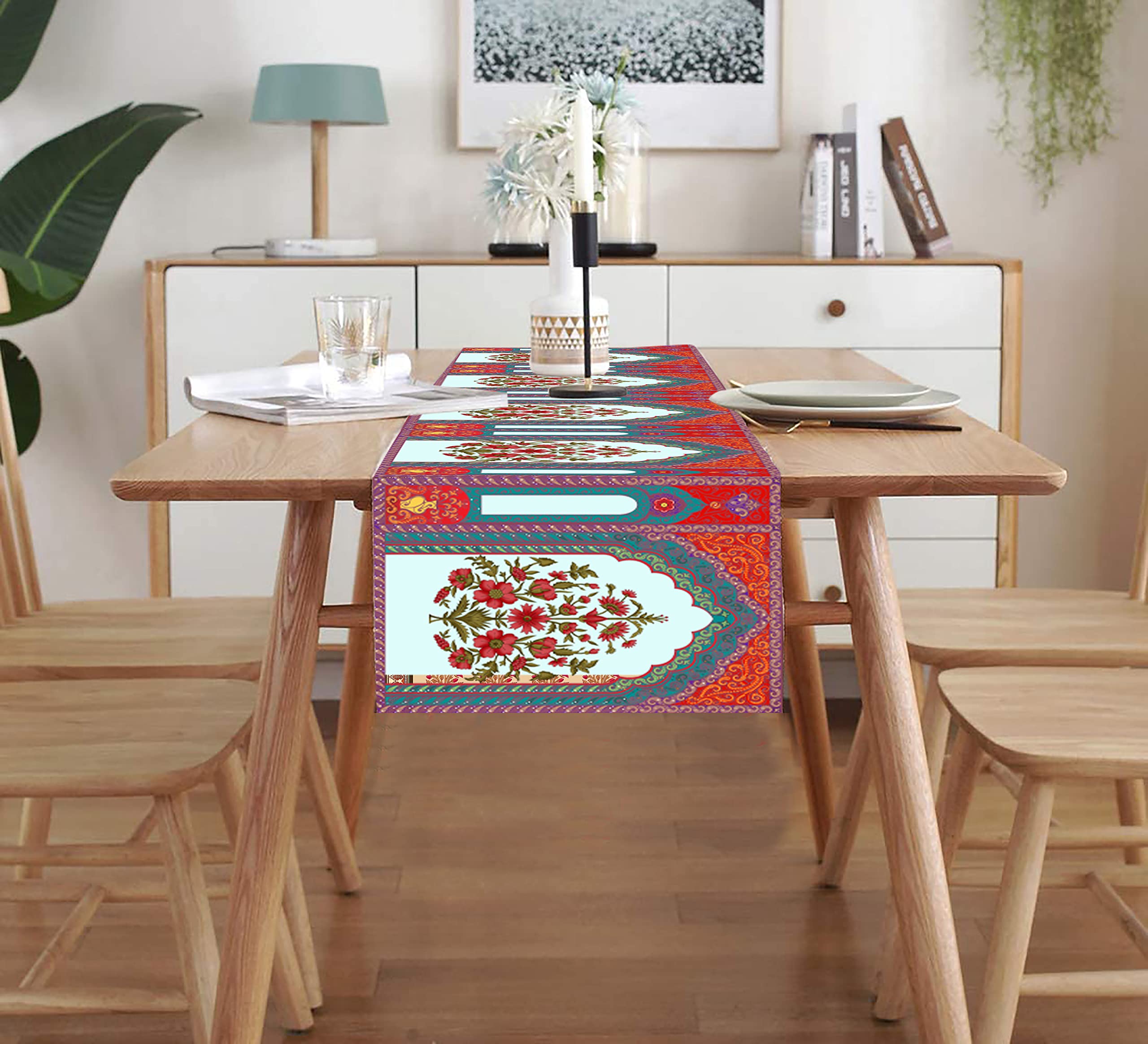 homewards Digitally Printed Light Blue Jharokha Floral Table Runner Size 13X72 inches