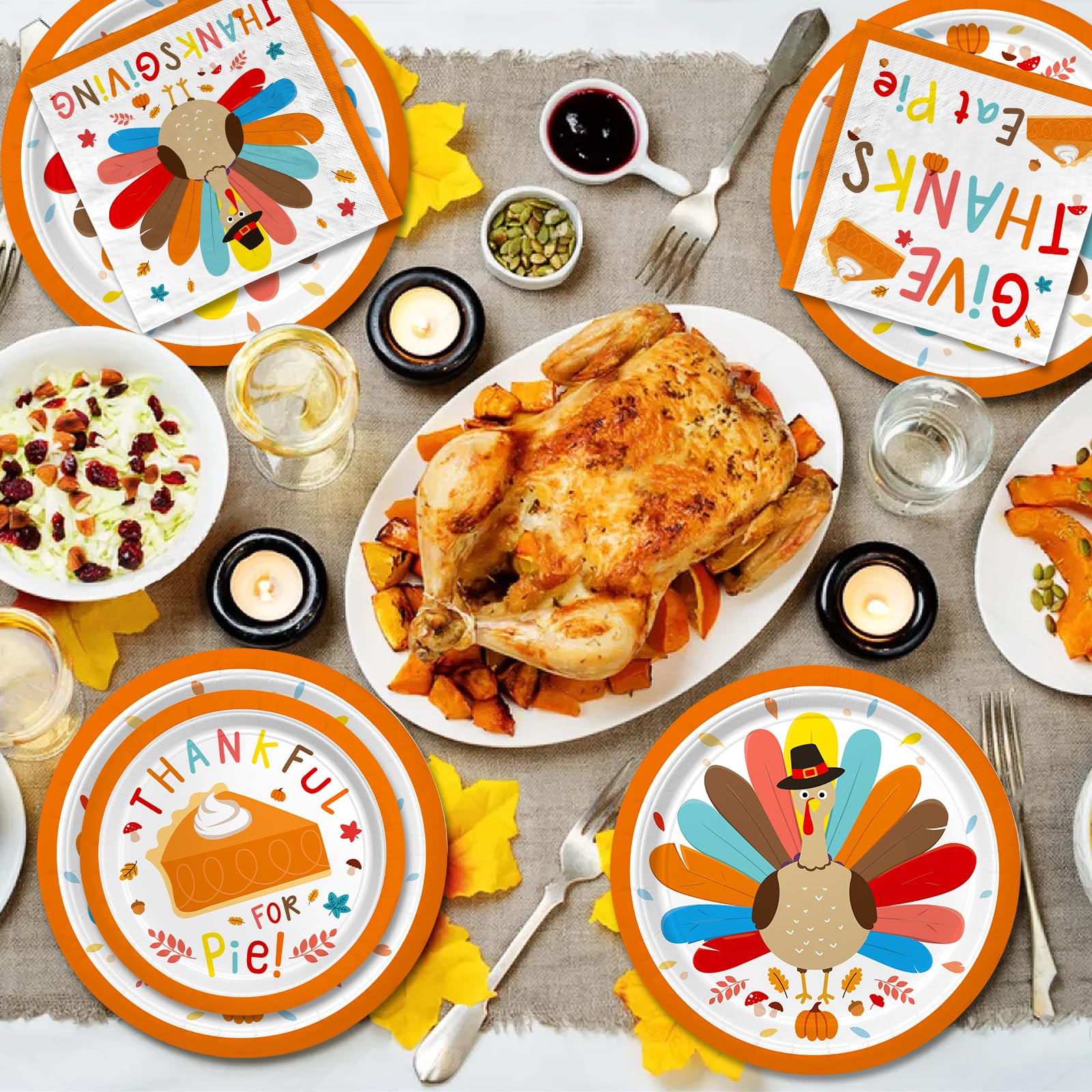 Turkey Thanksgiving Party Supplies Kit For 50 Guests - Complete Autumn-Themed Disposable Dinnerware Set: Dinner & Dessert Plates